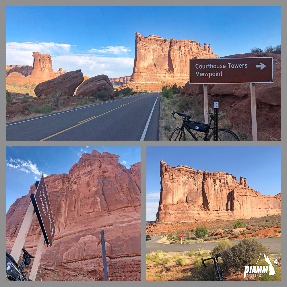Cycling Arches National Park, Utah - photo collage, PJAMM Cycling logo in corner, bike parked along roadside near Sheep Rock and the The Tower of Babel, Courthouse Towers viewpoint
