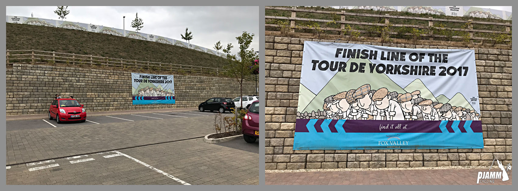 Cycling Pea Royd Lane - sign for the Finish Line of Tour de Yorkshire in a car parking lot, PJAMM Cycling logo in corner