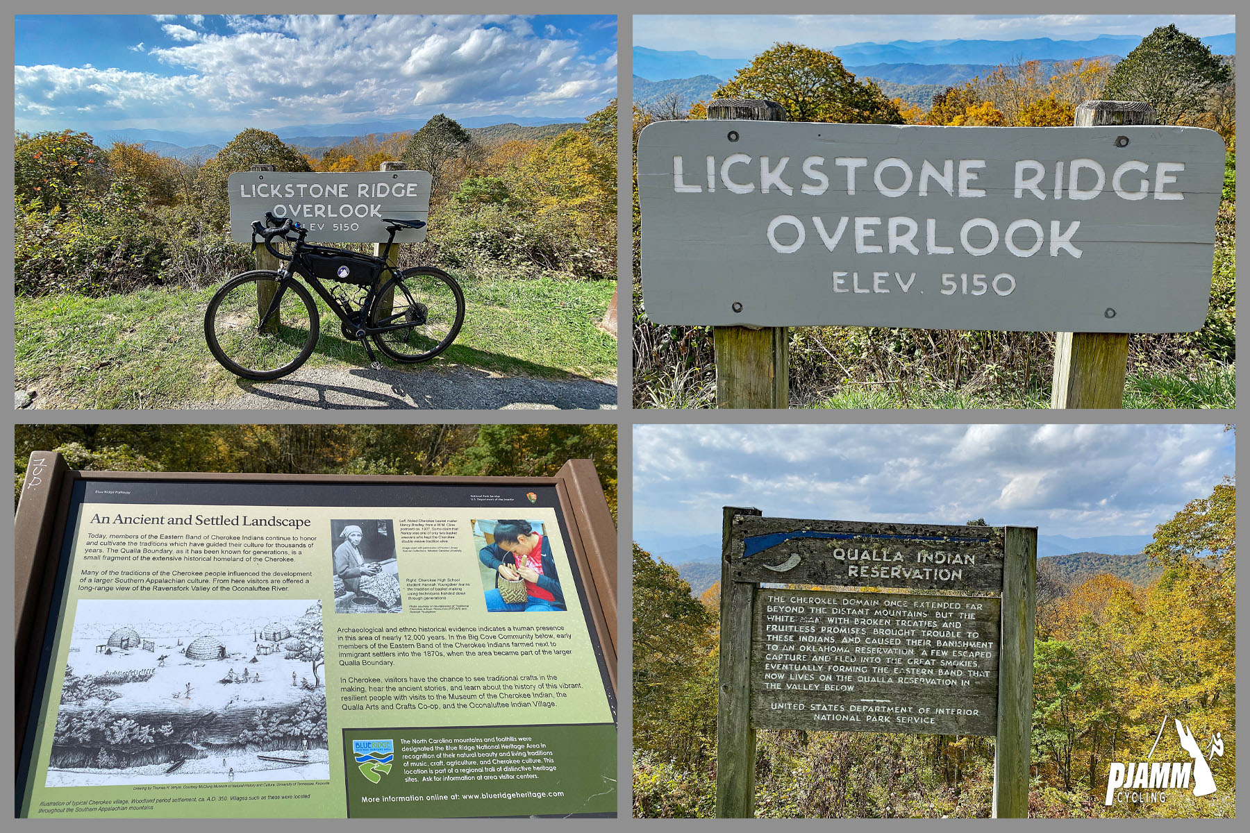 Cycling Blue Ridge Parkway -- Cherokee Hill - bike parked against BRP scenic overlook sign reading "Lickstone Ridge Overlook," informational signs, bright fall foliage and blue mountains beyond 