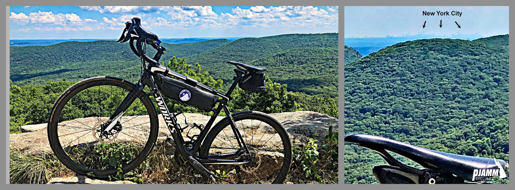 Cycling Bear Mountain, New York - New York City skyline can be seen in the distance behind rolling hills covered in foliage, bike on hillside overlooking views, PJAMM Cycling logo in corner