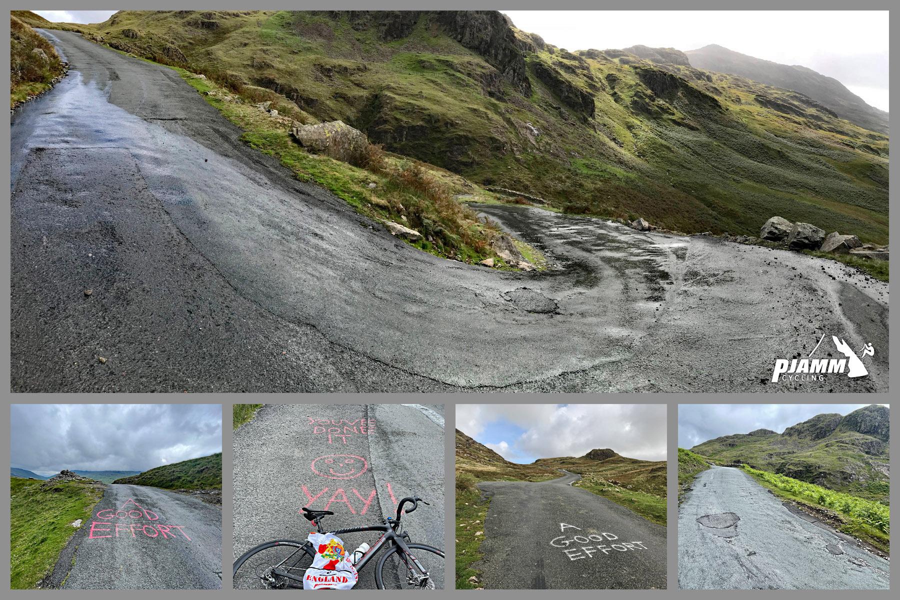 photo collage shows sharp hairpin turns in roadway; road spray painted to read "A good effort," and You've done it! Yay!"