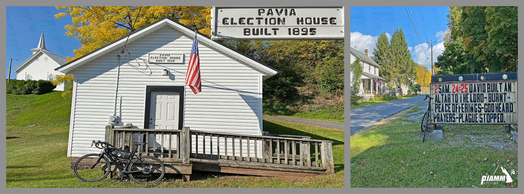 Cycling Pavia Road, Blue Knob State Park, Pennsylvania - bike parked next to small white building with sign reading "Pavia Election House, Built 1895," American flag, marquee sign at a church