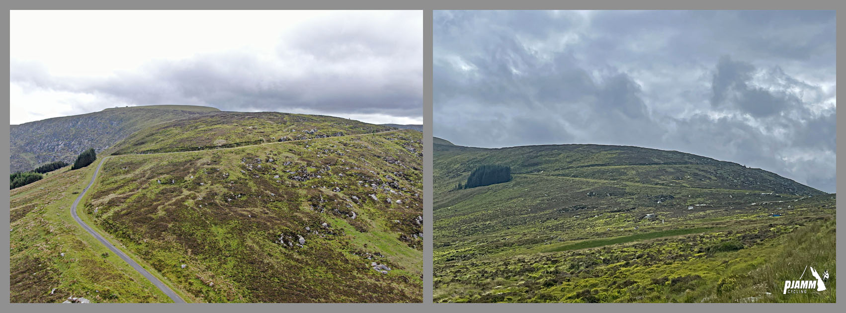 Cycling Wicklow Gap East, Ireland aerial drone view shows roadway snaking along wide open Irish hillsides, green pastures, three hairpin turns