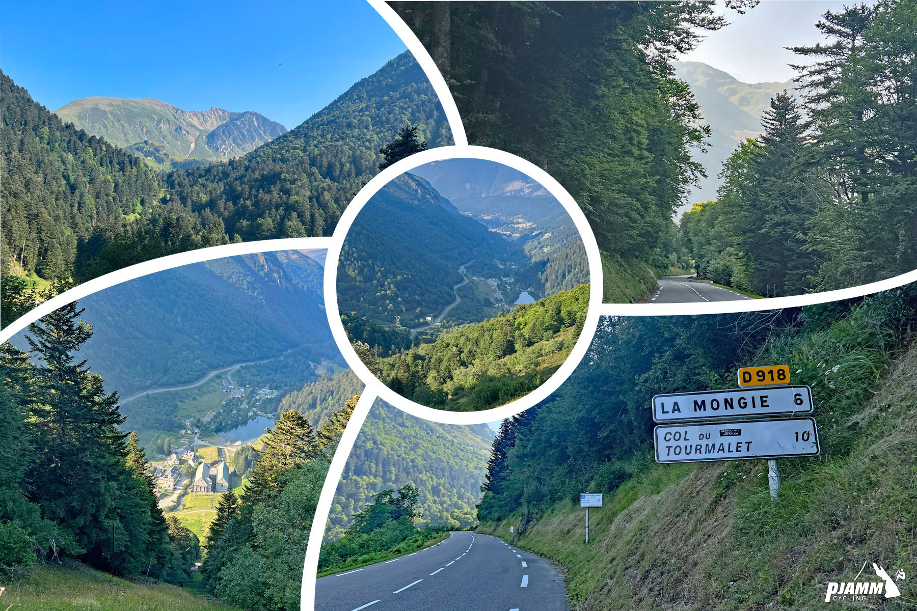 photo collage shows French Pyrenees views along the middle portion of the climb