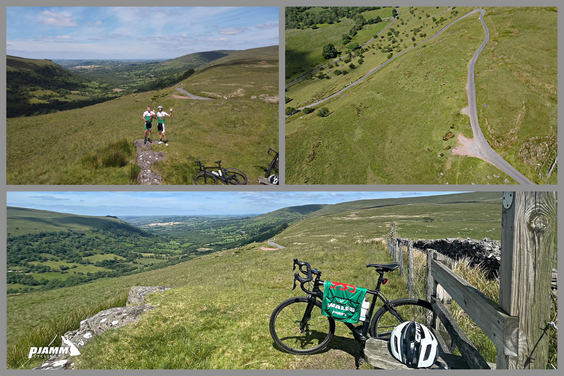 PJAMM Cyclists stand on trail at climb finish waving to drone; drone view of the Devil's Elbow switchback