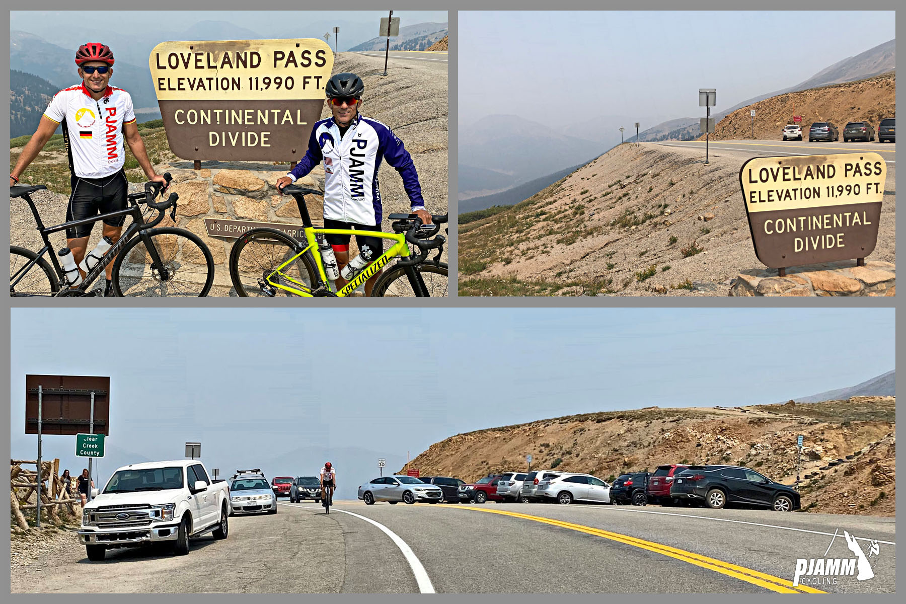 Cycling Loveland Pass South - photo collage, PJAMM Cycling logo in corner, cyclists wearing PJAMM Cycling jerseys standing with bikes in front of sign for Loveland Pass, Continental Divide, cars parked along side of roadway at summit