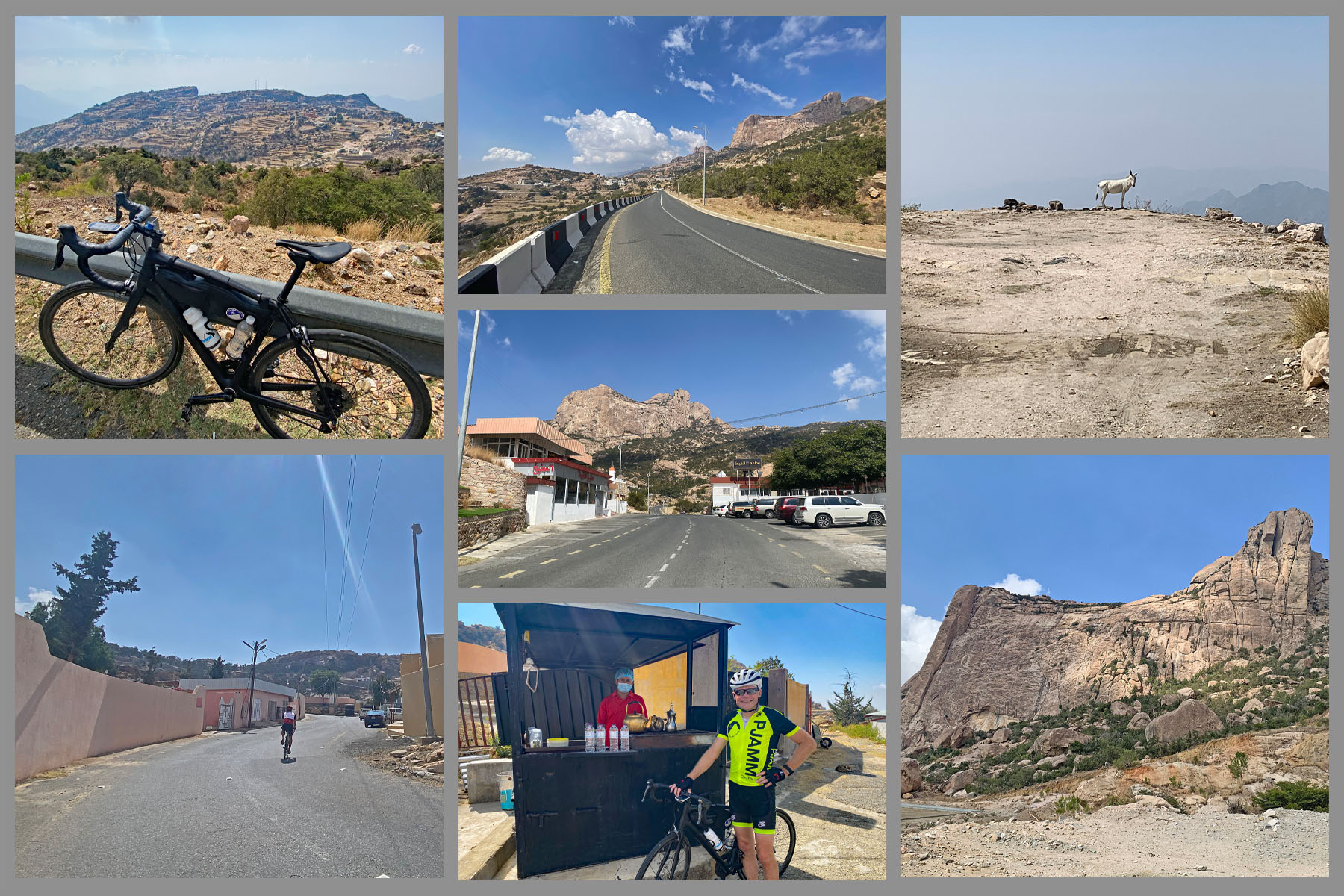 Cycling Parmah Pass, Saudi Arabia  - photo collage,  PJAMM Cyclist John Johnson stands next to vendor selling water, bike parked along guardrail looking down mountain, goats on side of road, large rock formations, PJAMM Cycling logo in corner