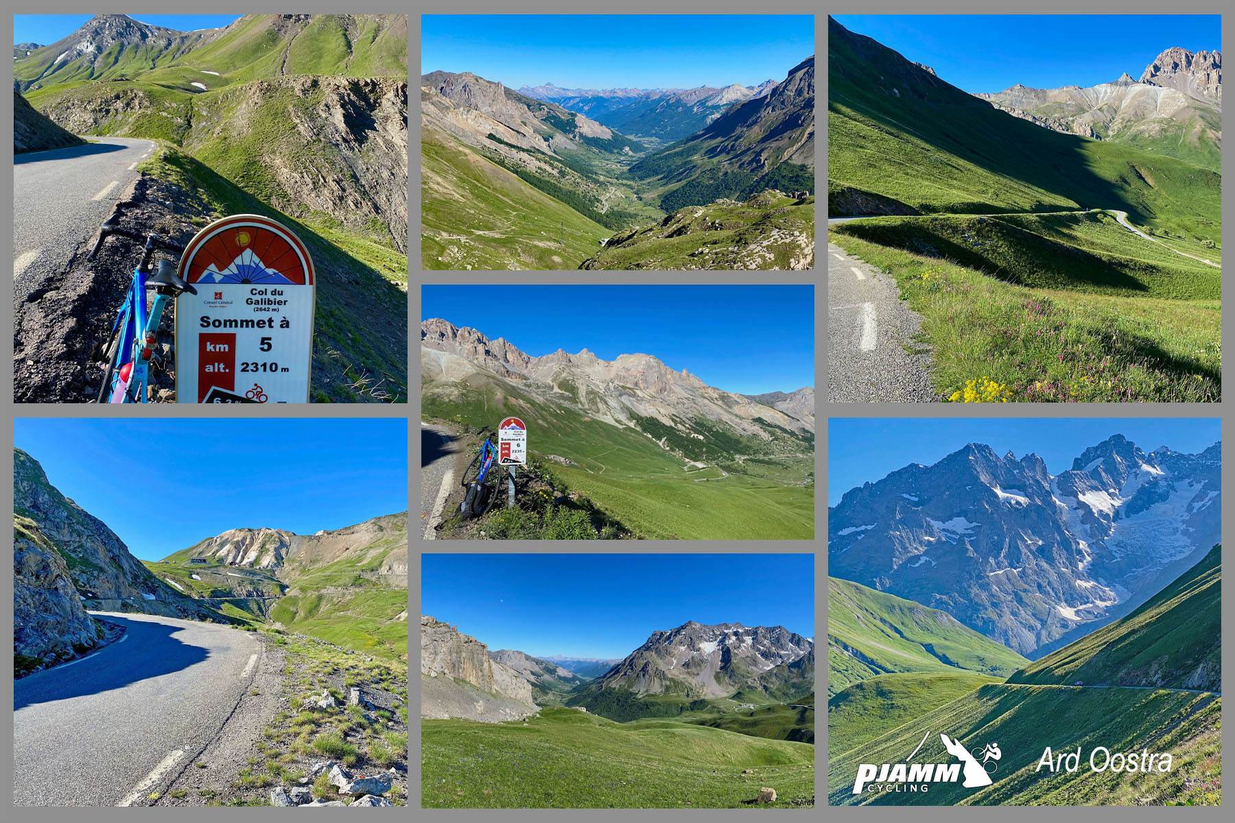 photo collage shows bike parked near different Summit signs along the way, grand alps, green grass along hillsides and valley below