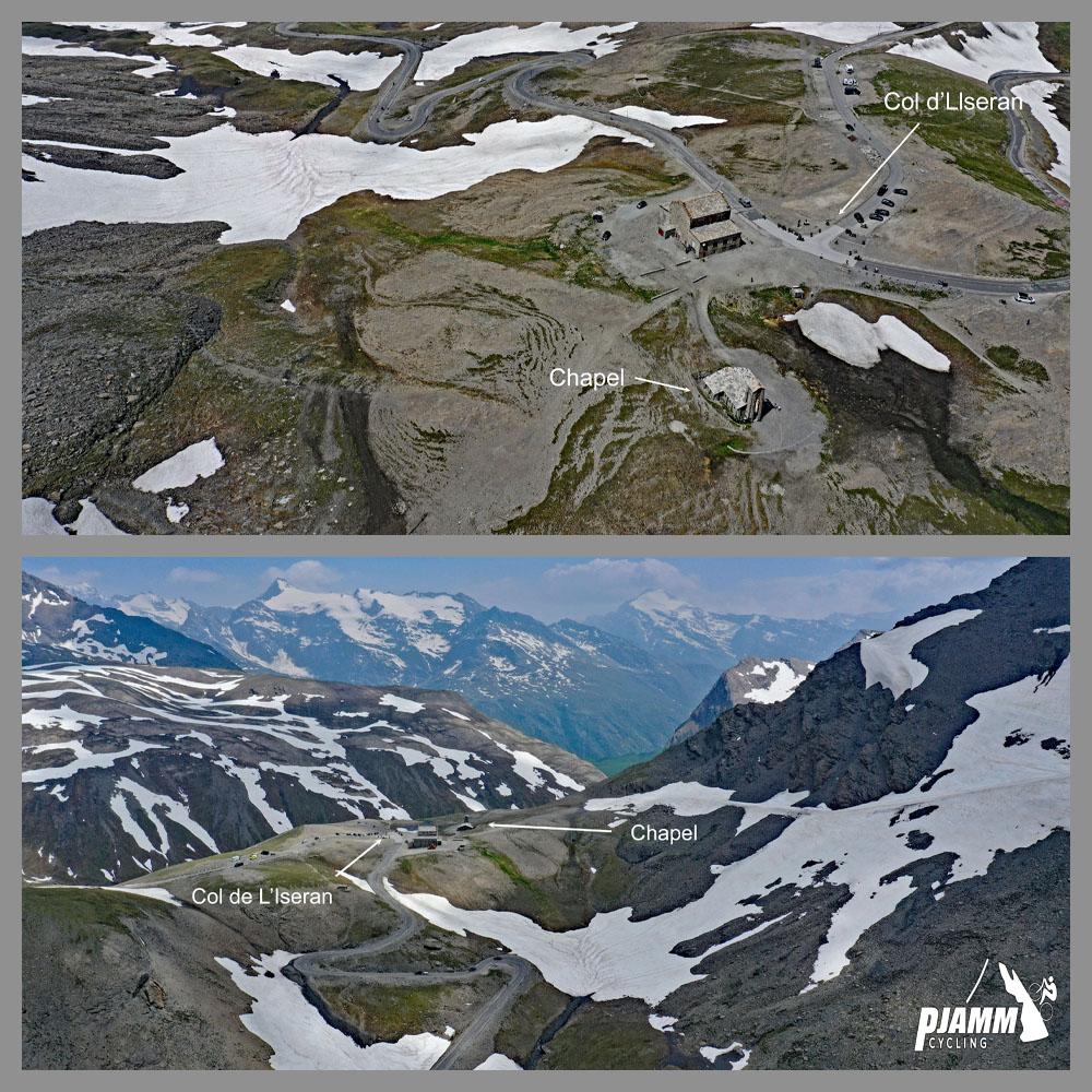 Cycling Col de L'Iseran: aerial drone view shows Chapel Notre-Dame de Toute Prudence nestled in peak of mountain, surrounded by patches of snow