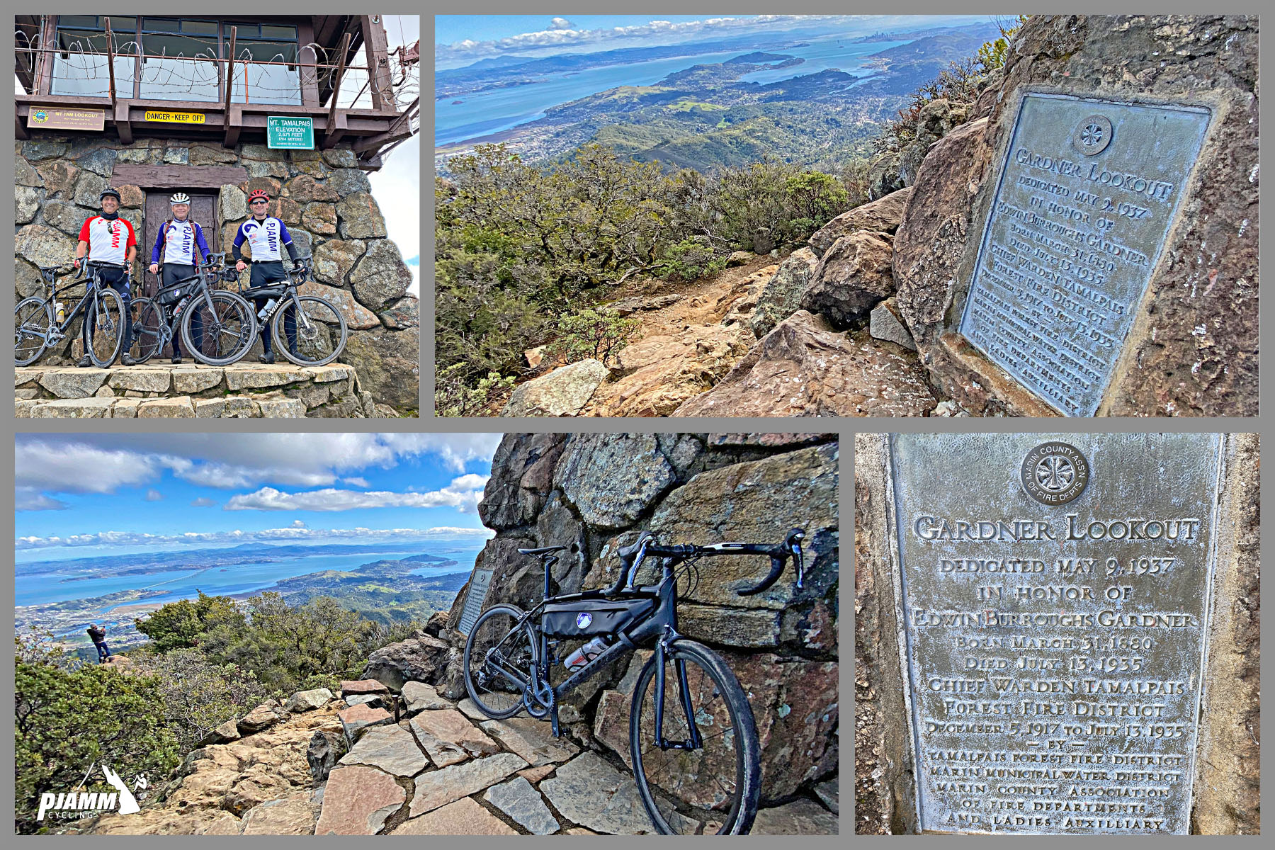 PJAMM Cyclists stand with their bikes at base of stone tower at Gardner Lookout