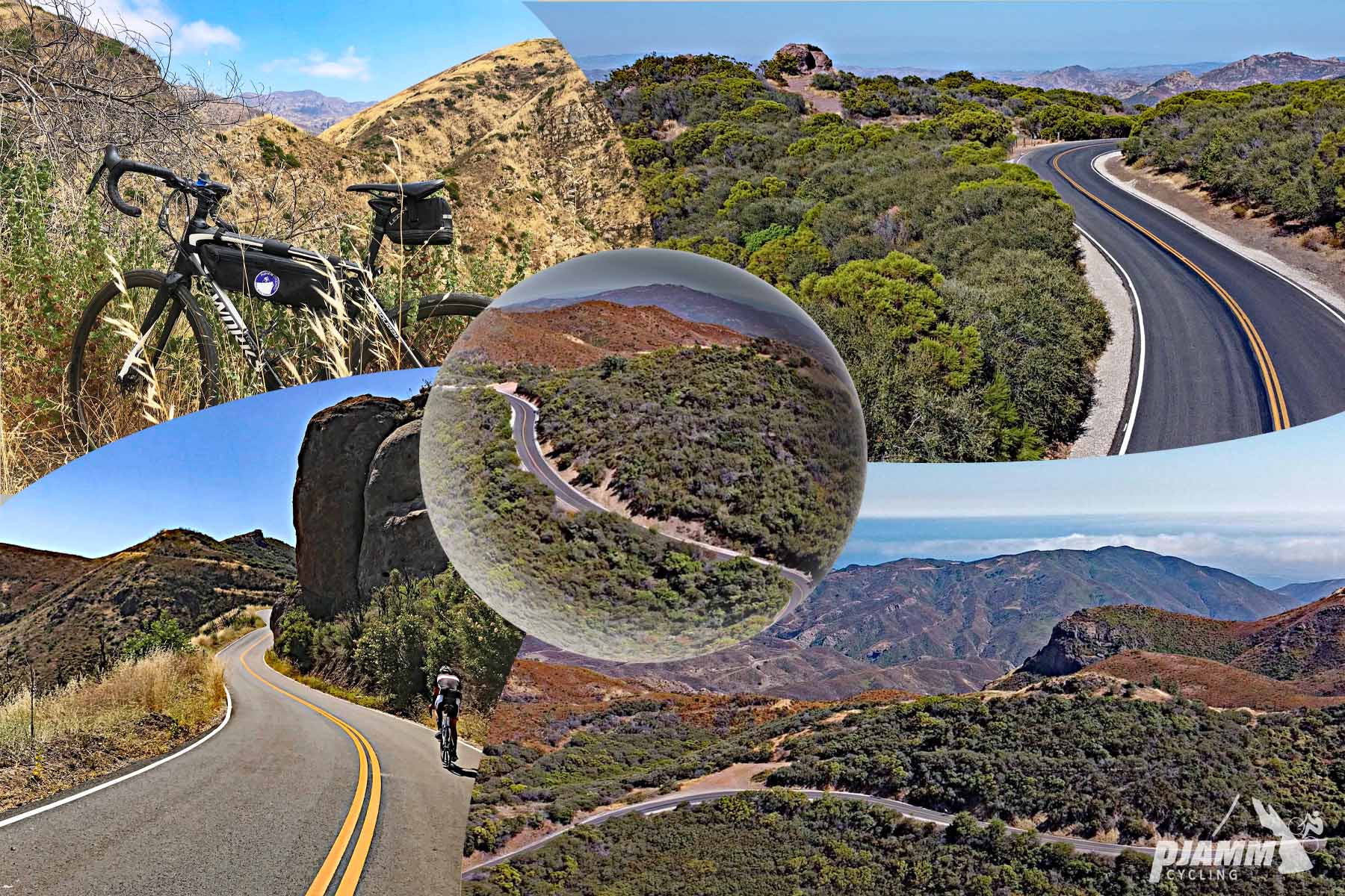 Cycling Mulholland Highway from Pacific Coast Highway - photo collage, cyclist rides on two-lane roadway with large rocks and desert landscape, bike parked in tall grass on hillside on side of road, Santa Monica Mountains