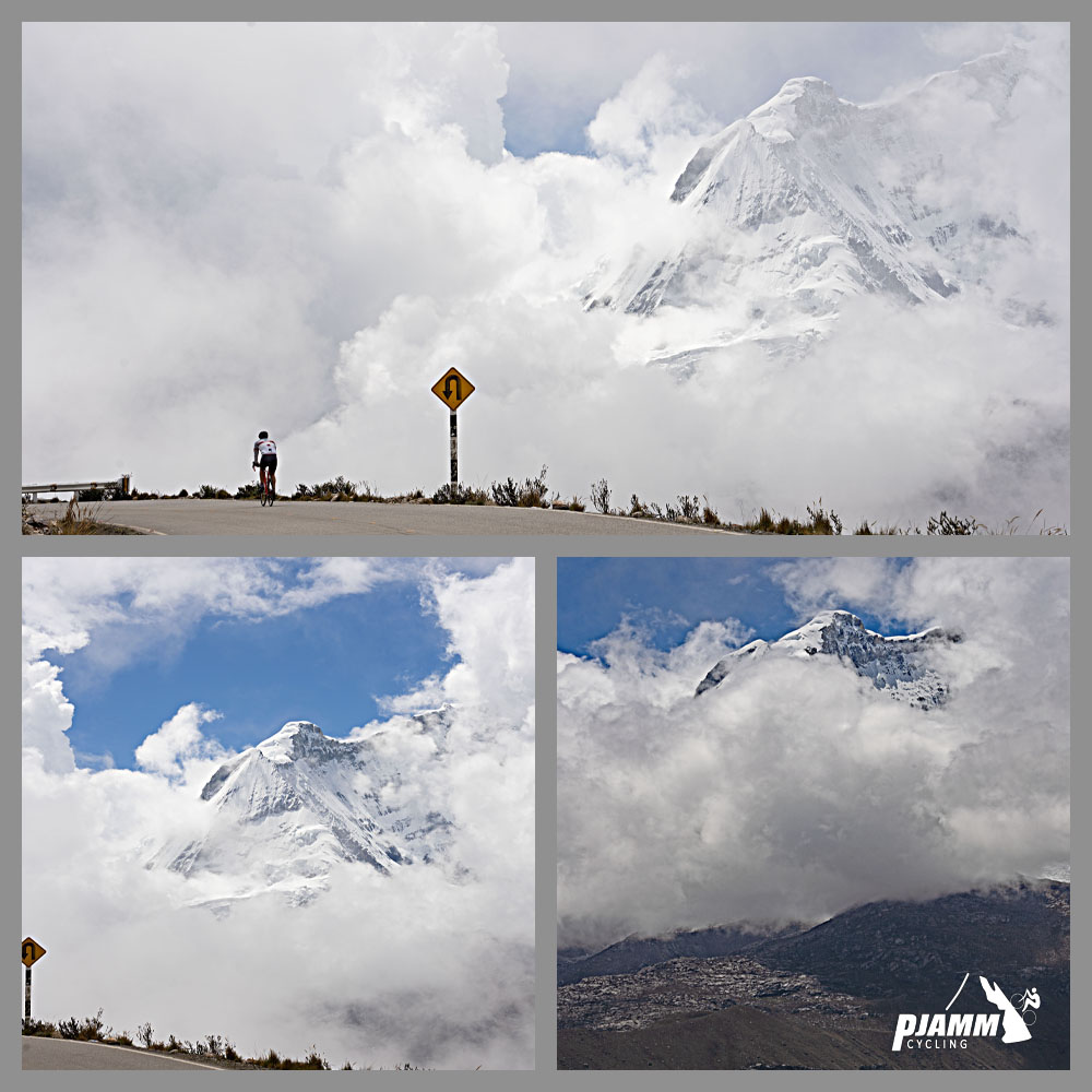 photo collage, PJAMM Cycling logo in corner, PJAMM Cyclist rides against bright white background of clouds and the snow covered face and peak of Chopicalqui Mountain