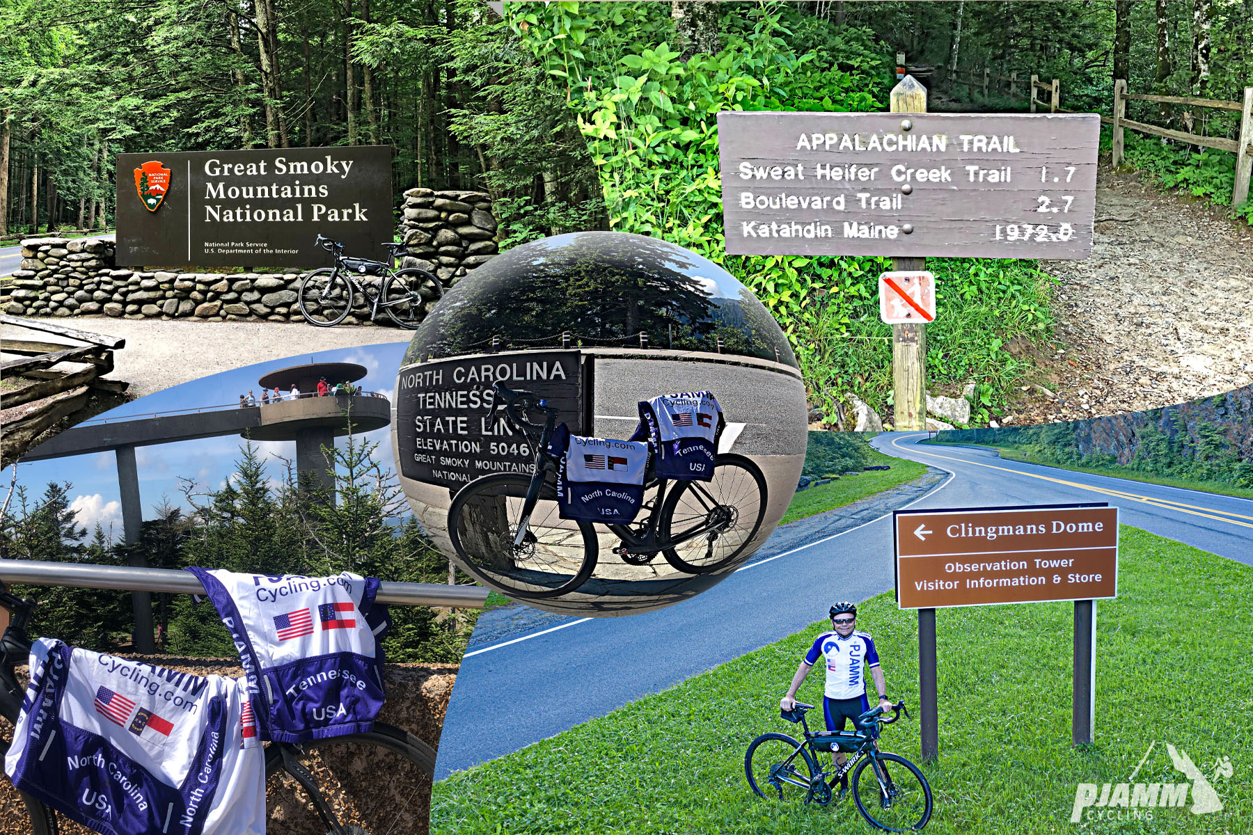 Cycling Clingmans Dome, Tennessee - photo collage, signs for Great Smoky Mountains National Park, Appalachian Trail, Clingmans Dome, North Carolina and Tennessee State Line, PJAMM Cycling jerseys draped over railing on the way up to Clingmans Dome Observation Tower, PJAMM Cycling logo in corner