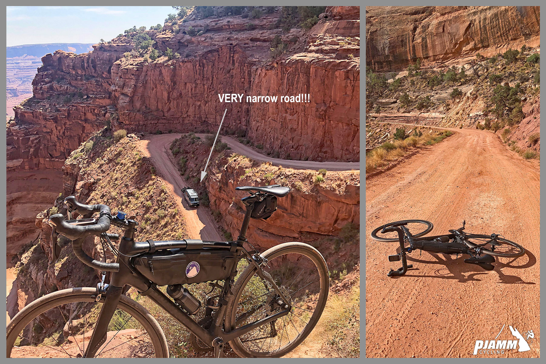 Cycling Shafer Trail, Canyonlands National Park - PJAMM Cycling logo in corner, bike parked along roadside overlooking sheer drop into canyon, switchback below with van traveling down an extremely narrow dirt roadway, bike laying down in center of red dirt roadway