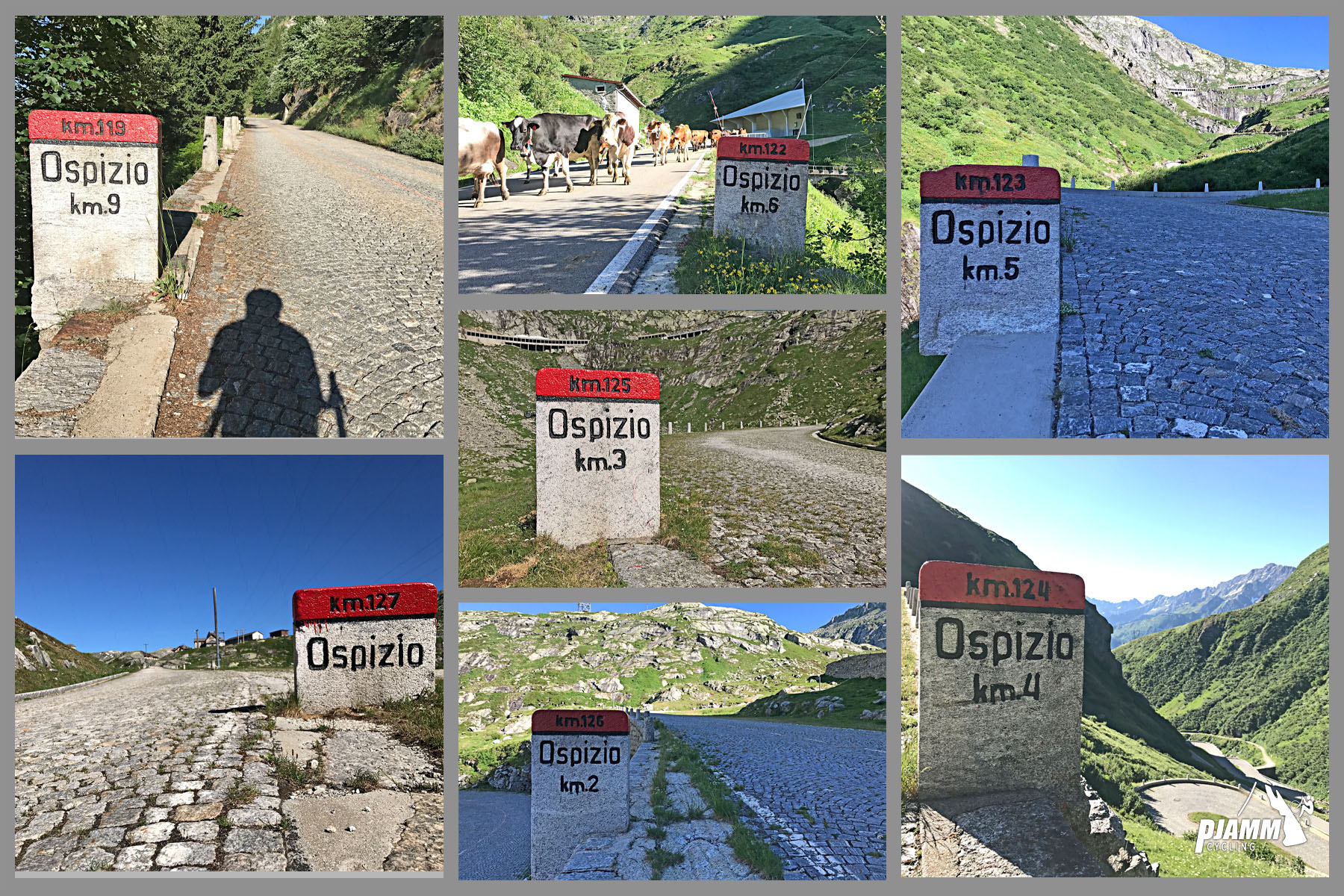 Cycling Gotthard Pass (St. Gotthard Pass), Switzerland - kilometer markers all in Italian along the roadside, historic cobblestone roadway