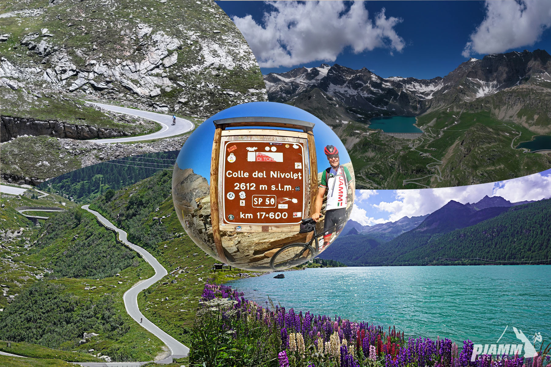 Cycling Colle de Nivolet, Italy - photo collage shows beautiful purple and white flowers along the banks of bright blue alpine lake; PJAMM cyclist John Johnson standing next to Colle del Nivolet sign, roadway snaking up mountainside