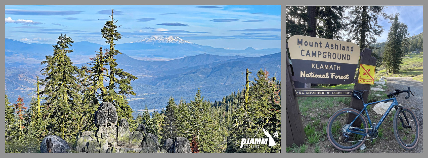 Cycling Mt. Ashland, Oregon via Loop Road: snow-capped views of Mt. Shasta (California) in the distance; bike parked in front of National Parks Service yellow and brown sign reading "Mount Ashland Campground Klamath National Park"