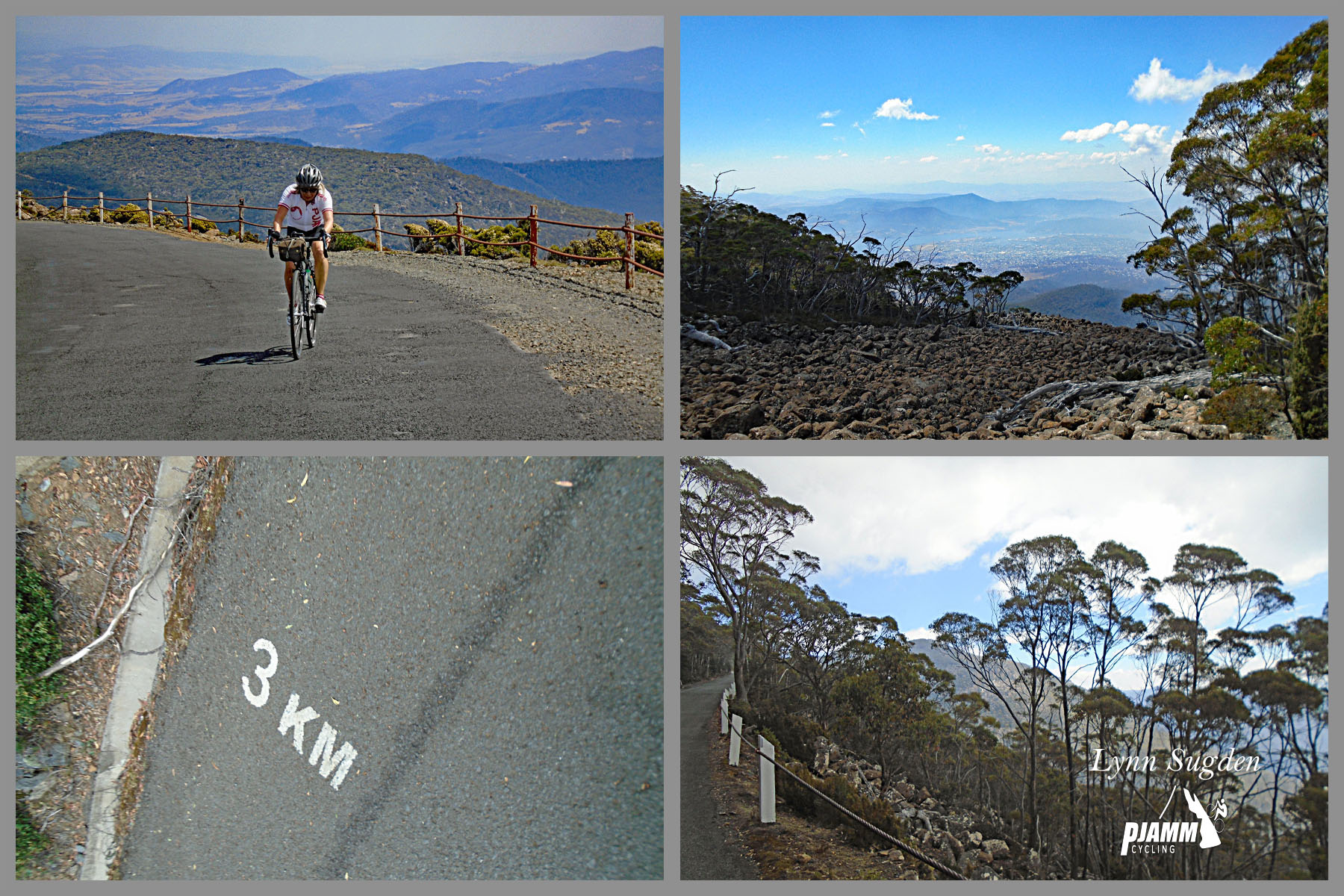 photo collage shows views along climb, overlooking wineglass bay, 3 km marker painted on roadway