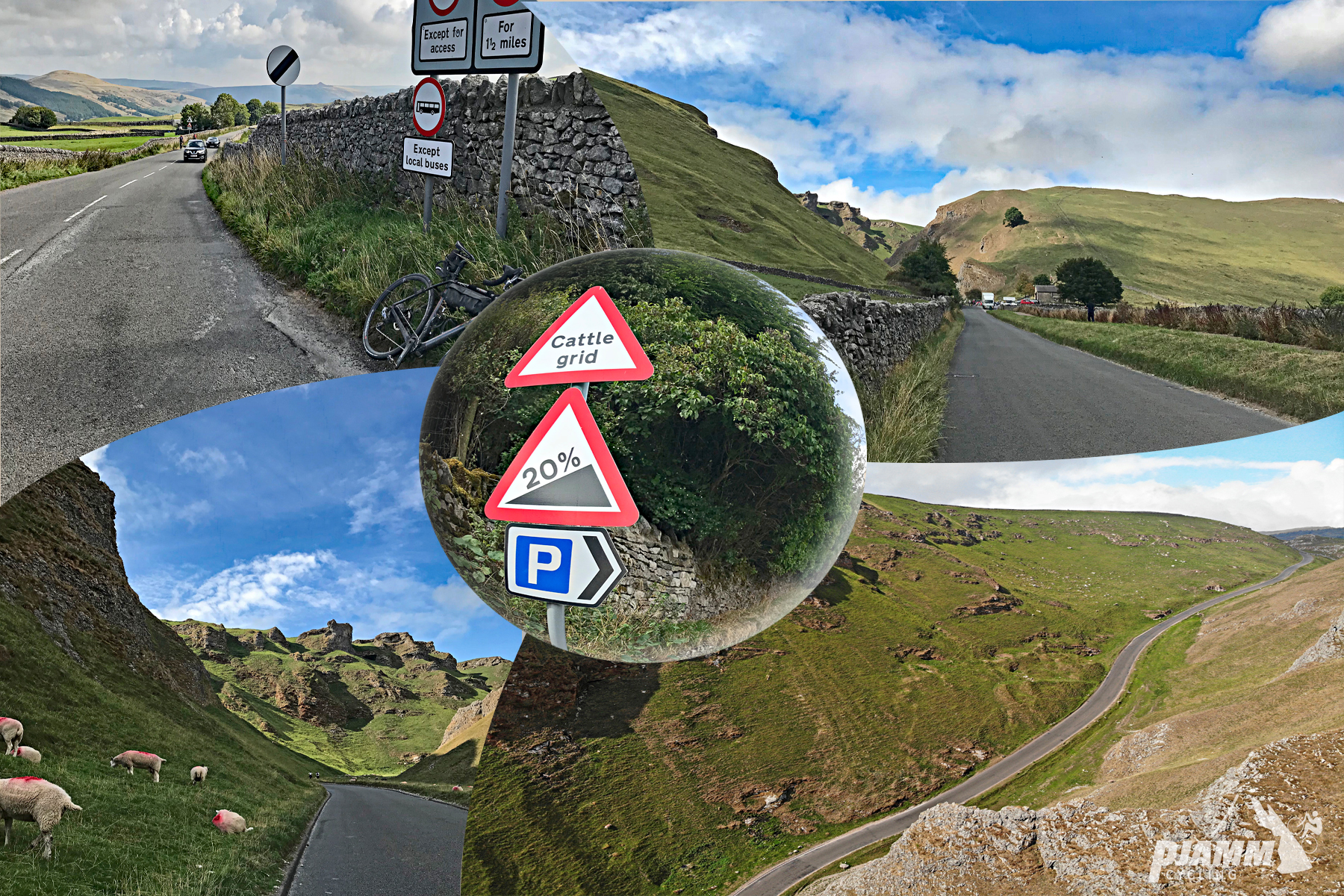 Cycling Winnats Pass - photo collage, roadways lined with stone fences, green hilsides, sheep grazing along hillsides, sign for 20% grade and cattle grid, PJAMM Cycling logo in corner