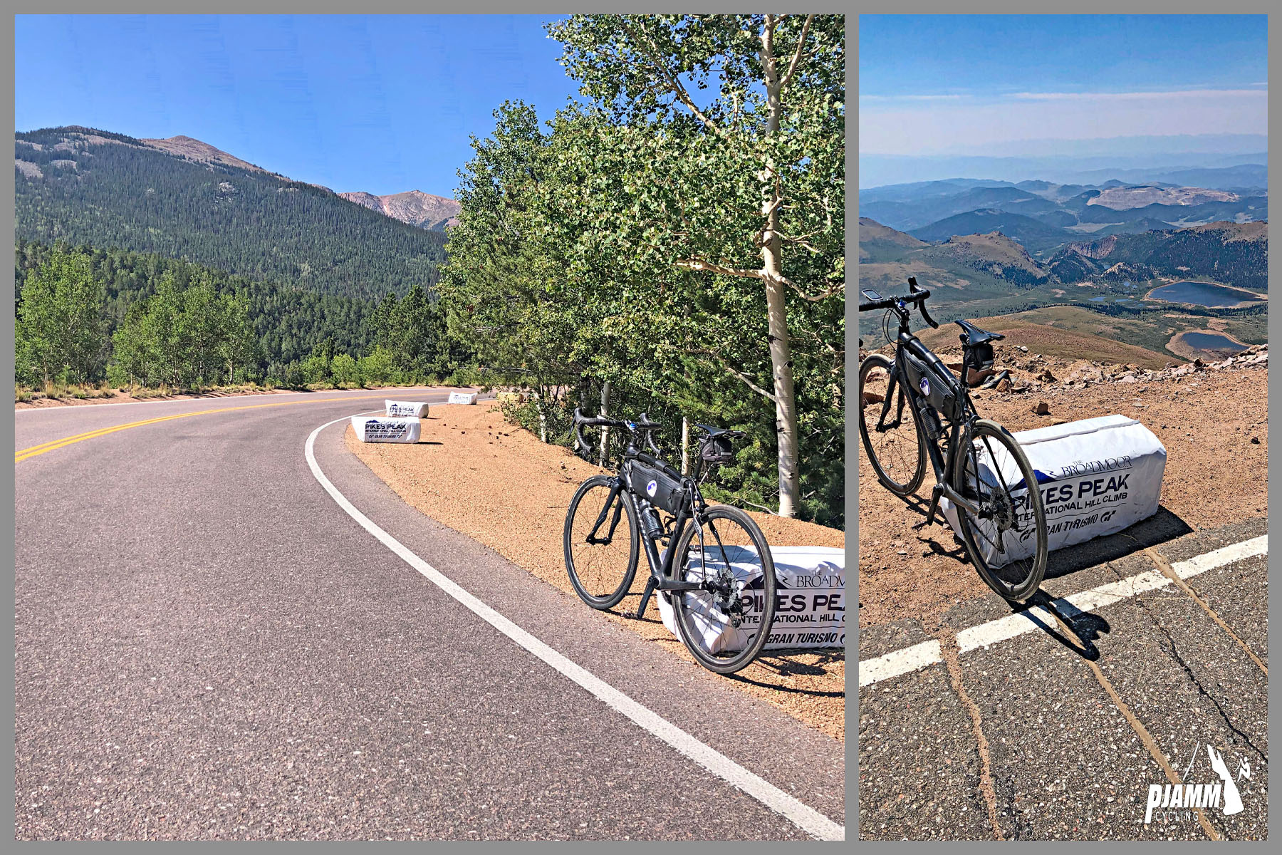 Cycling Pikes Peak - PJAMM Cycling logo in corner, bike parked against roadside markers for Pikes Peak  International Hill Climb