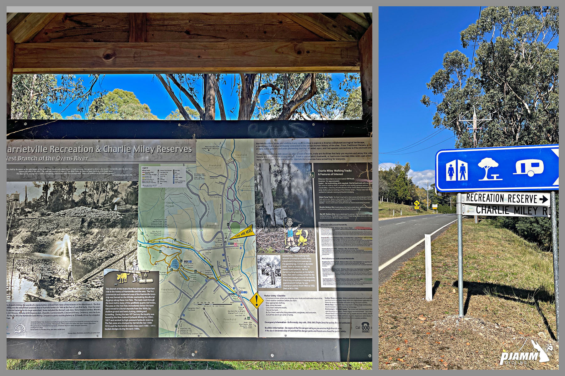 informational signs and maps at climb start, Great Alpine Road, Harrietville Recreation Reserve