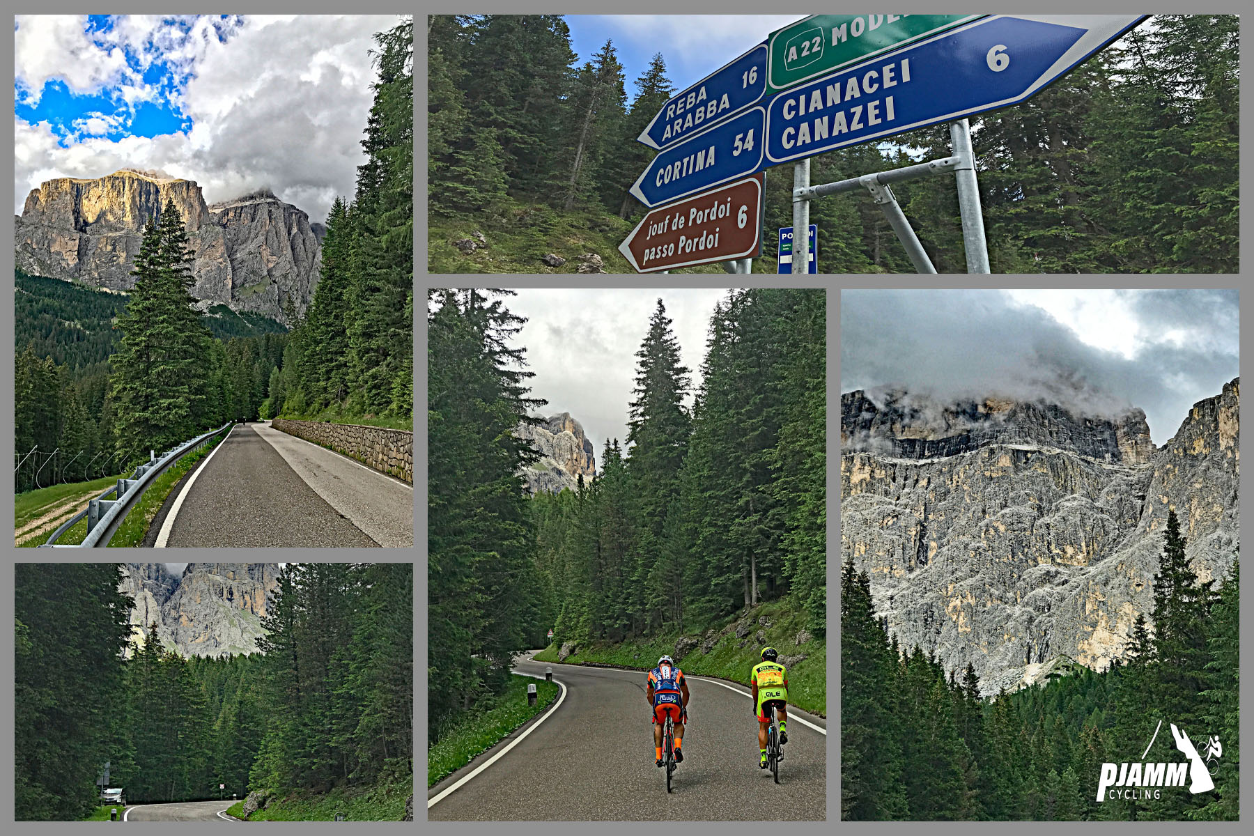 Cycling Passo Pordoi from Canazei - cyclists riding on roadway leaving Canazei, roadside surrounded by evergreen trees and rock formations up the mountainside