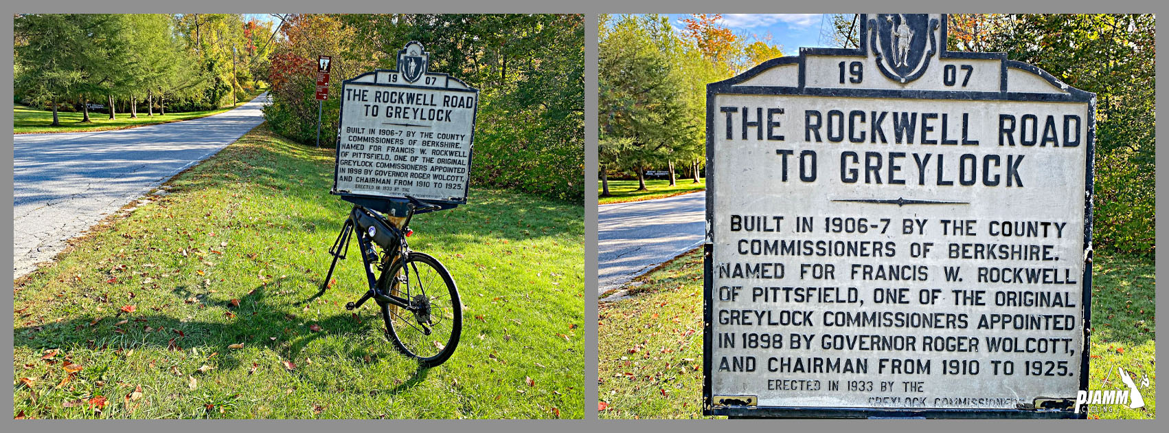 Cycling Mt. Greylock South, Massachusetts - bike leaning against historic sign for The Rockwell Road to Greylock, PJAMM Cycling logo in corner