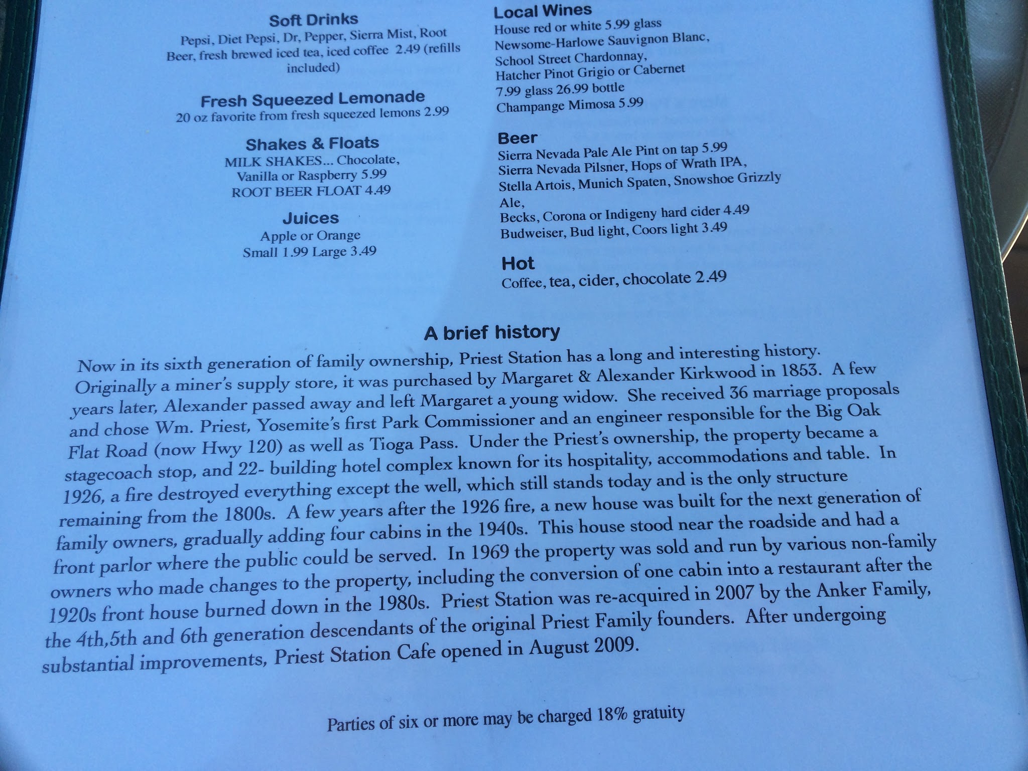Cycling Old Priest Grade - Priest Station Cafe menu