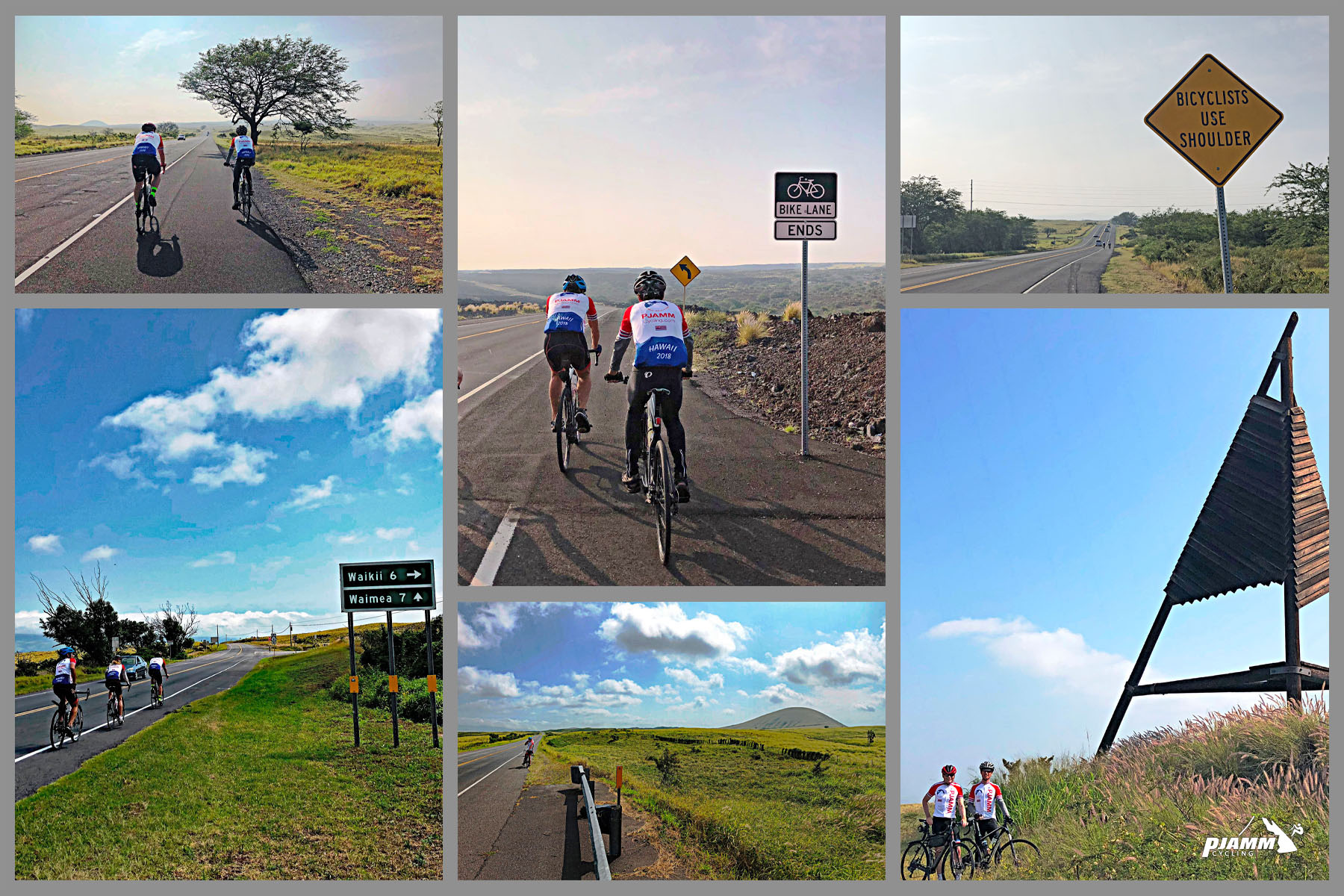 Cycling Mauna Kea from the West  - cyclists riding on shoulder of highway before Old Saddle Road, country setting