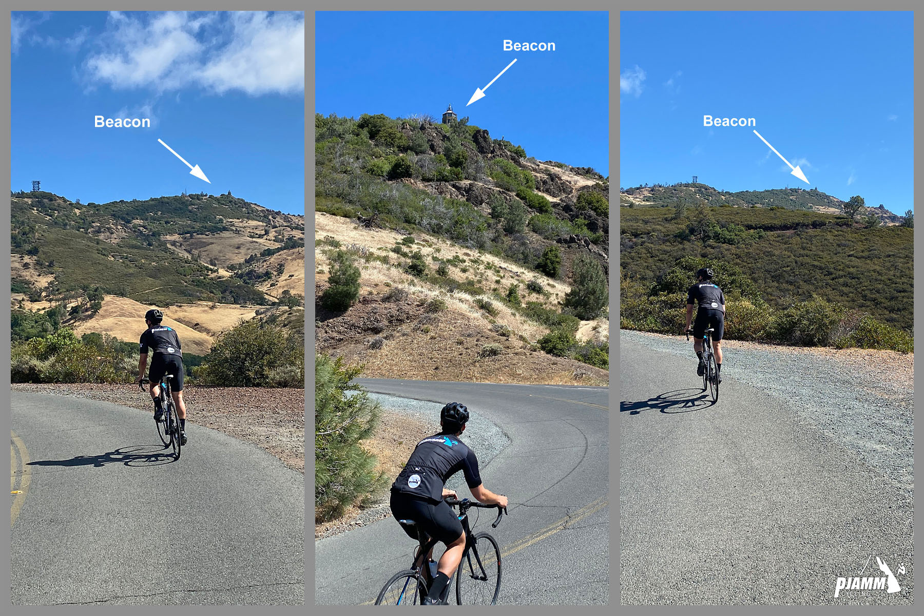 Cyclist rides the top portion of the climb, approaching the Standard Oil Beacon at summit