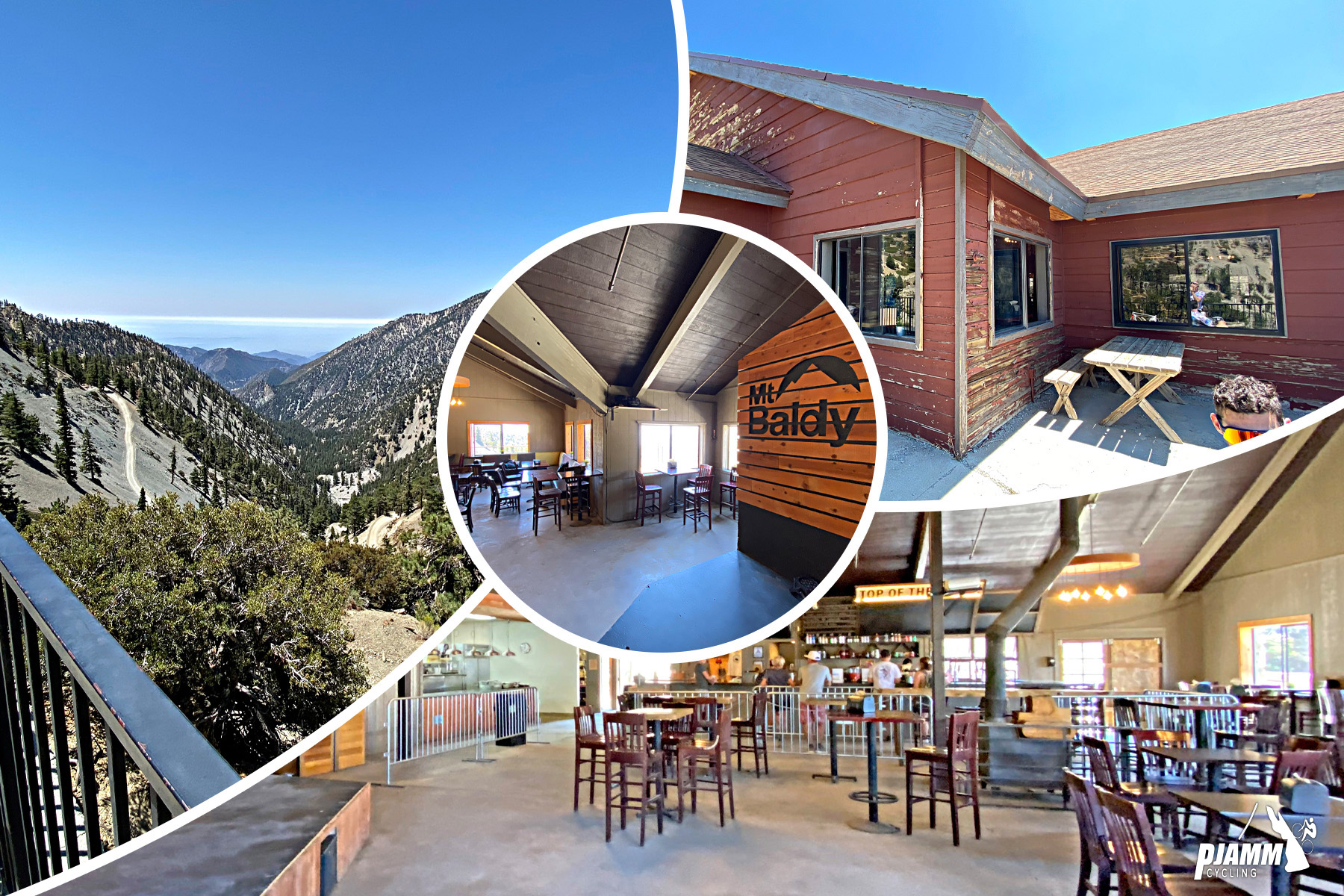 Photo collage shows Top of the Notch, restaurant, Mt. Baldy resort
