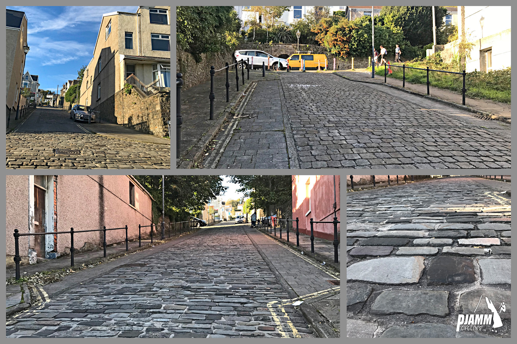 Cycling Constitution Hill, Wales - photo collage, PJAMM Cycling logo in corner, various views of cobblestone roadways along the climb