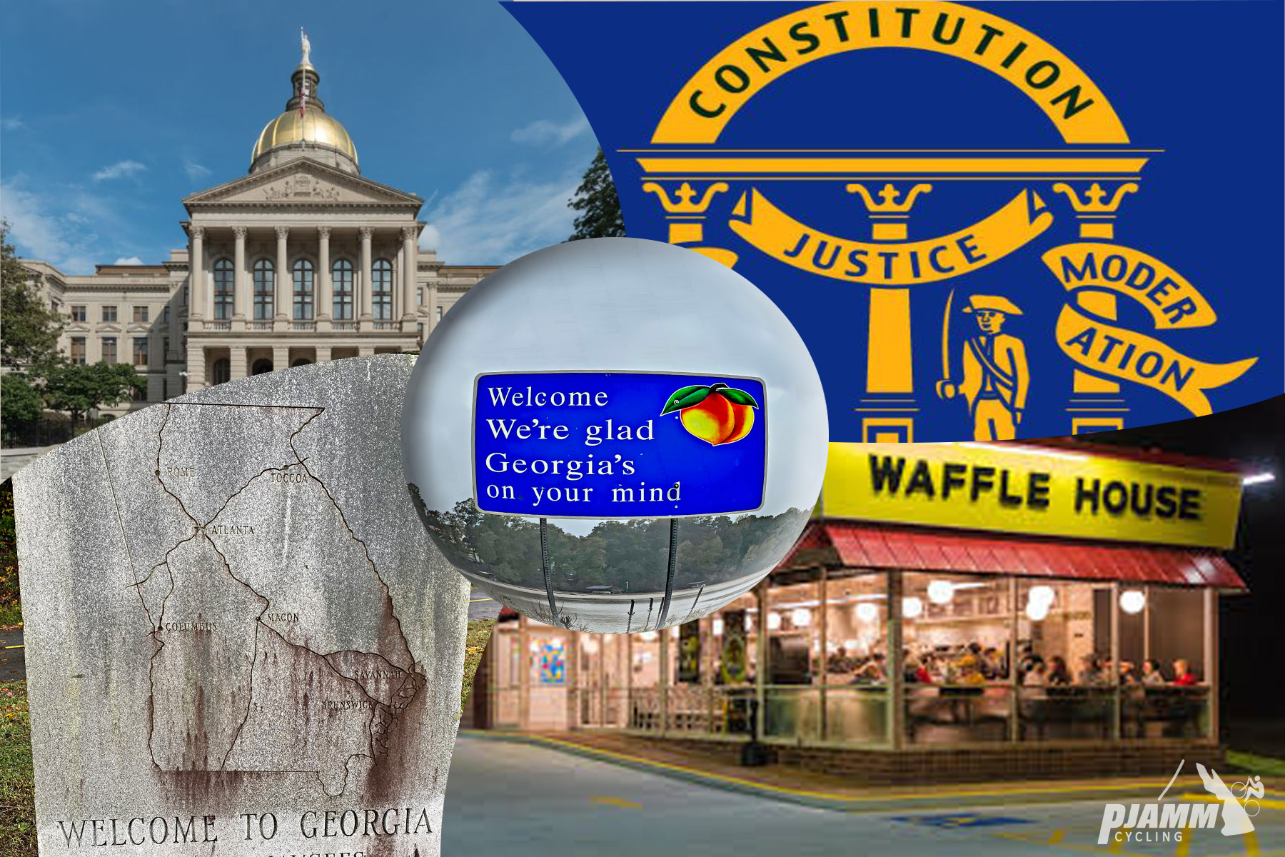 Waffle house, Georgia Capitol Building, stone sign reads "Welcome to Georgia", sign reads "were' glad Georgia's on your mind"