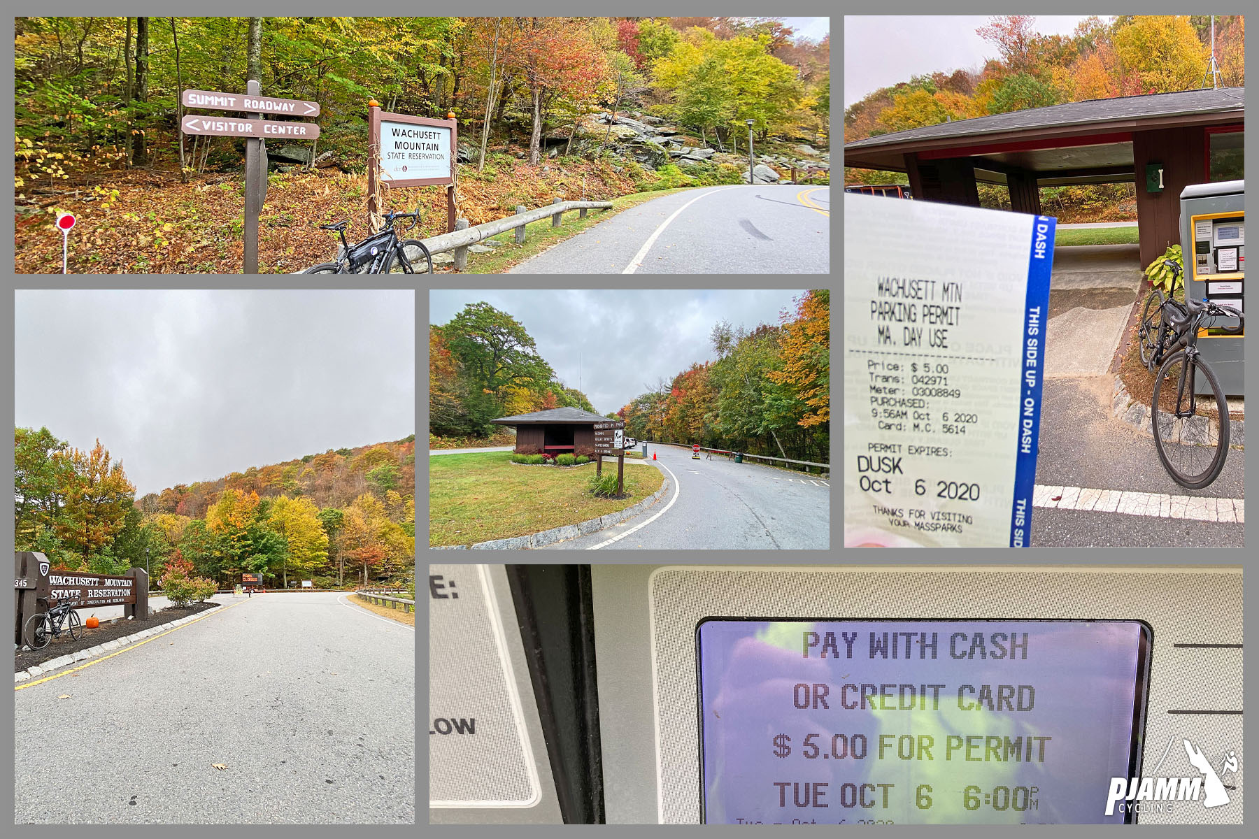 Cycling Wachusett Mountain East, Massachusetts Cycling Wachusett Mountain East, Massachusetts - toll booth to enter Wachusett Mountain State Reservation, fall folige, PJAMM Cycling logo in corner