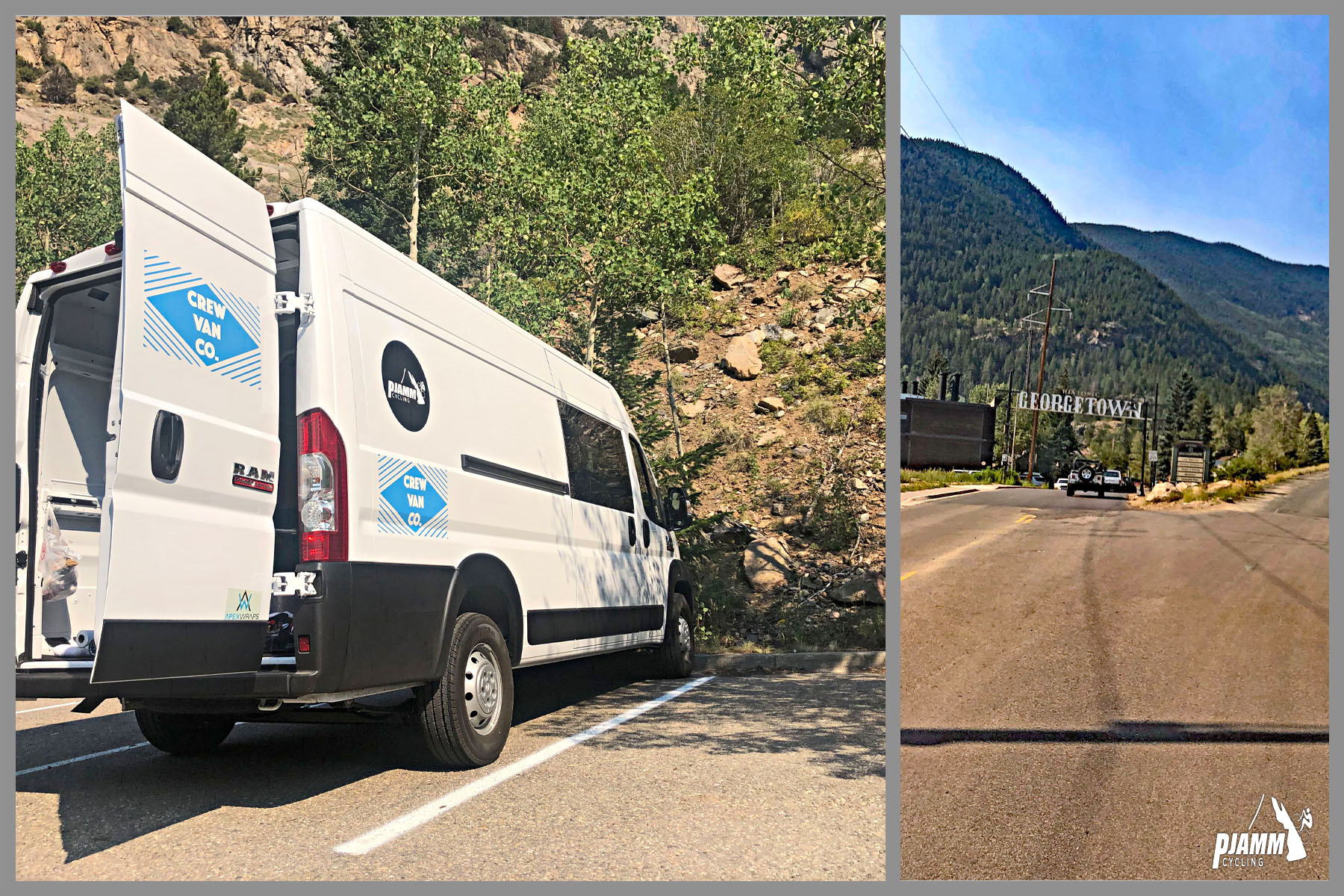 Cycling Loveland Pass from Georgetown - PJAMM cycling logo in corner, sign above road for Georgetown, view of PJAMM Cycling's white SAG van