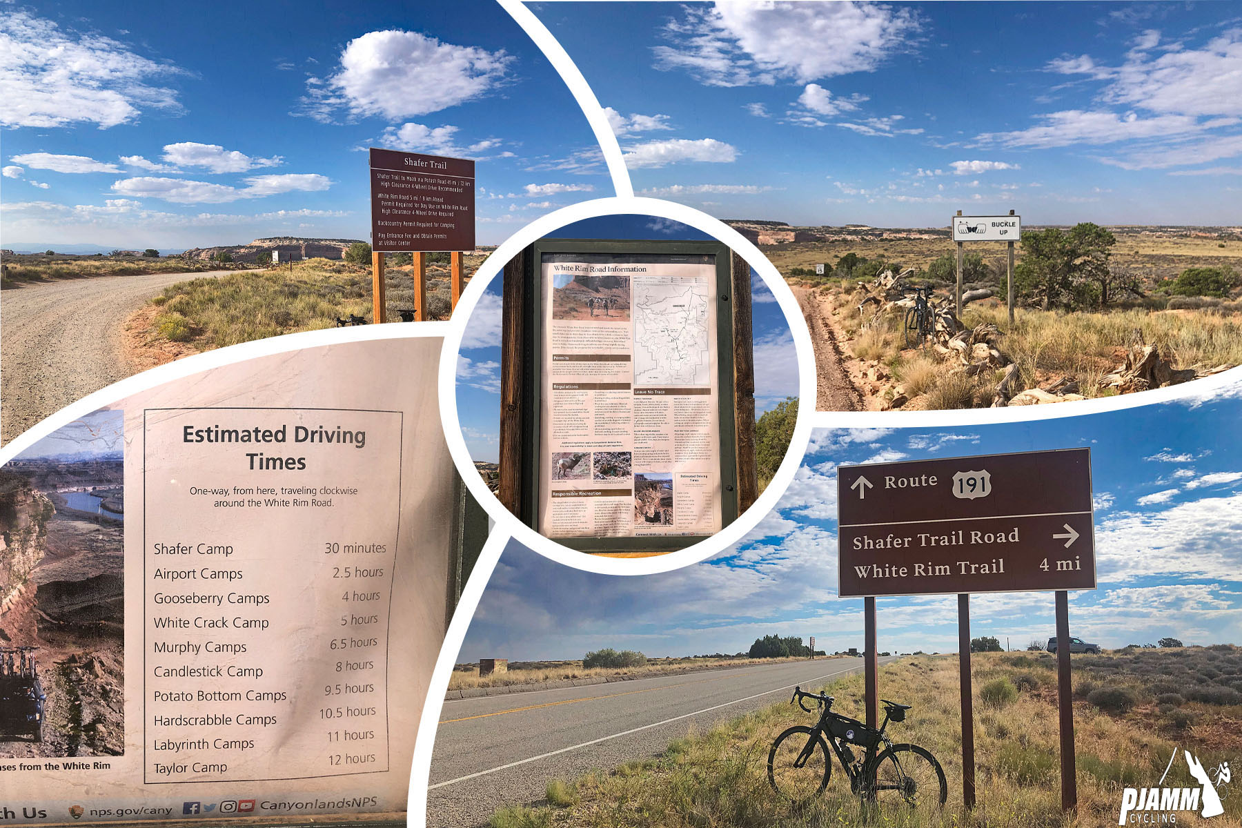 Cycling Shafer Trail, Canyonlands National Park - Photo collage, PJAMM Cycling logo in corner, bike parked along roadway at climb's finish near roadsign for Shafer Trail Road and White Rim Trail, sign noting estimated driving times to various points, informational sign
