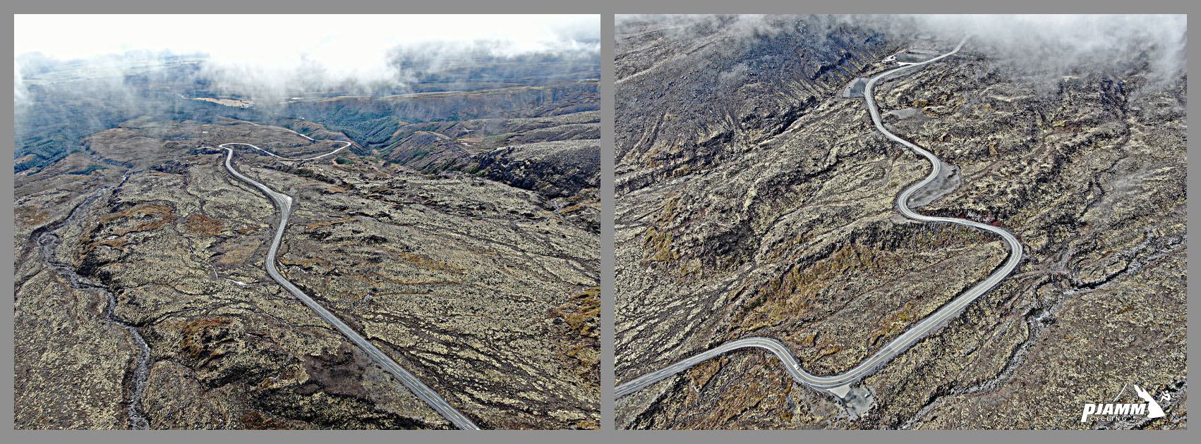 Climbing Ruapehu Ski Area, New Zealand aerial drone view of lava fields on climb