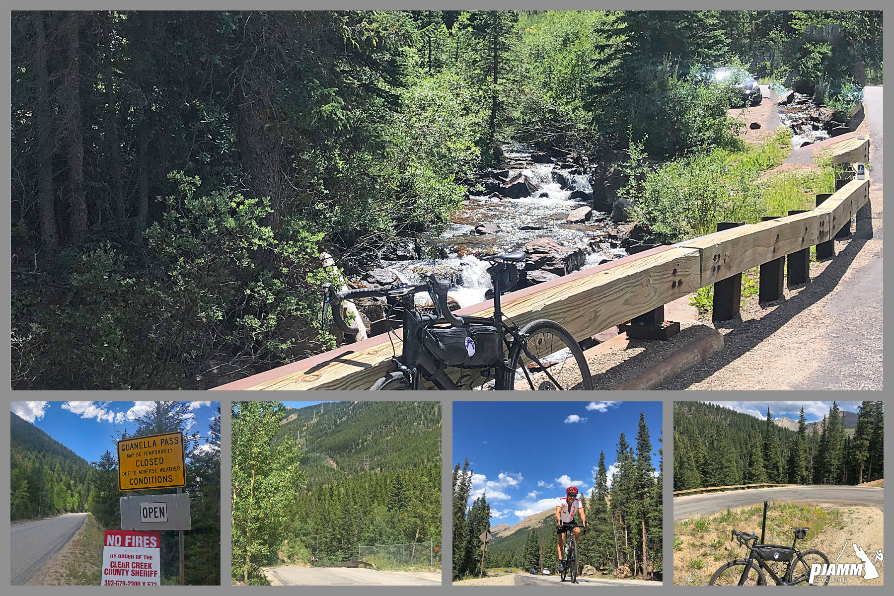 Cycling Guanella Pass Cycling Guanella Pass - photo collage, PJAMM Cycling logo in corner, bike leaning against retaining wall along roadside over creek, cyclist on roadway surrounded by evergreen trees, bike leaning against pole along roadside, forestation and blue skies above