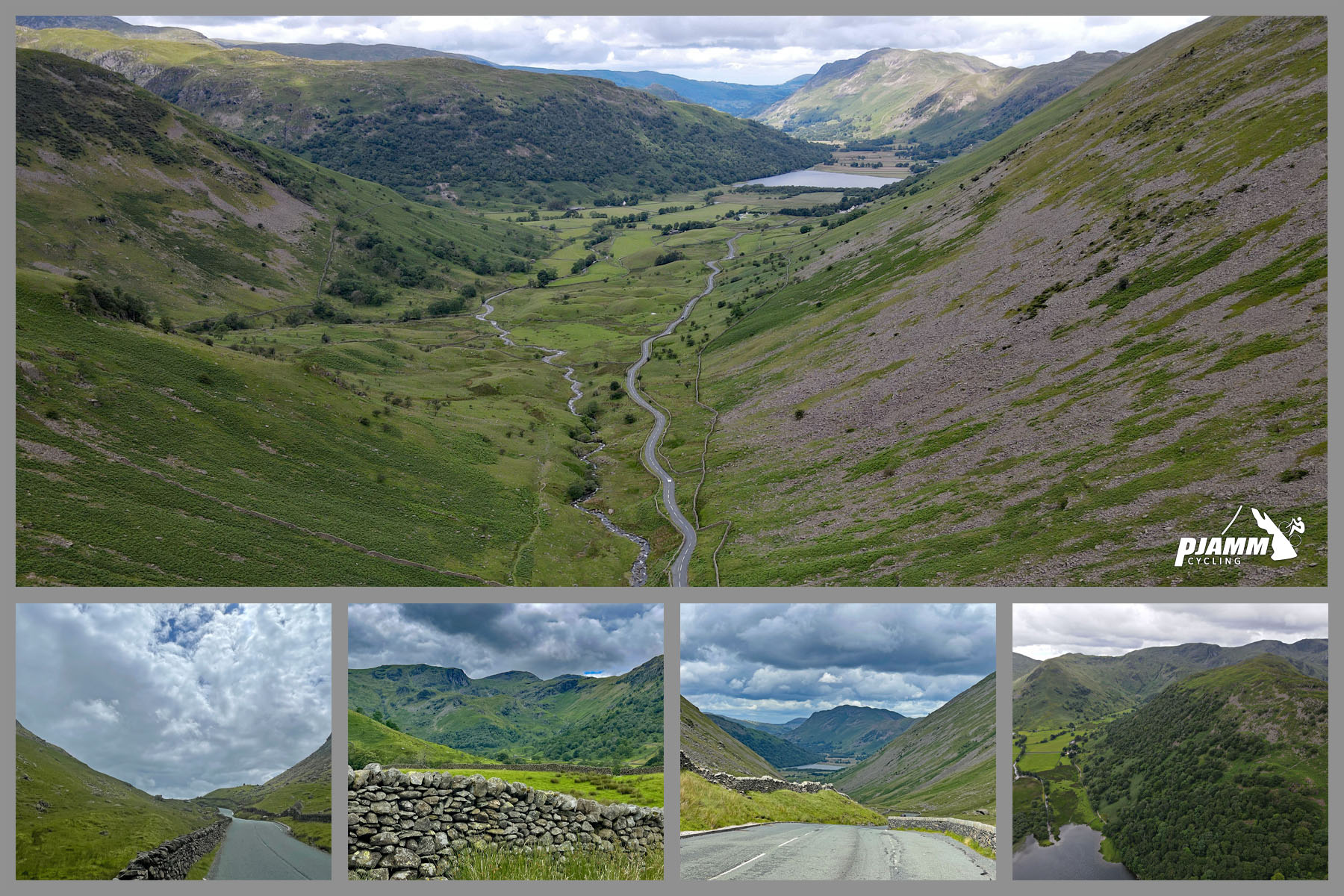 photo collage shows quintessential English countryside views along the first third of the climb, including low stone retaining walls, green pasturelands
