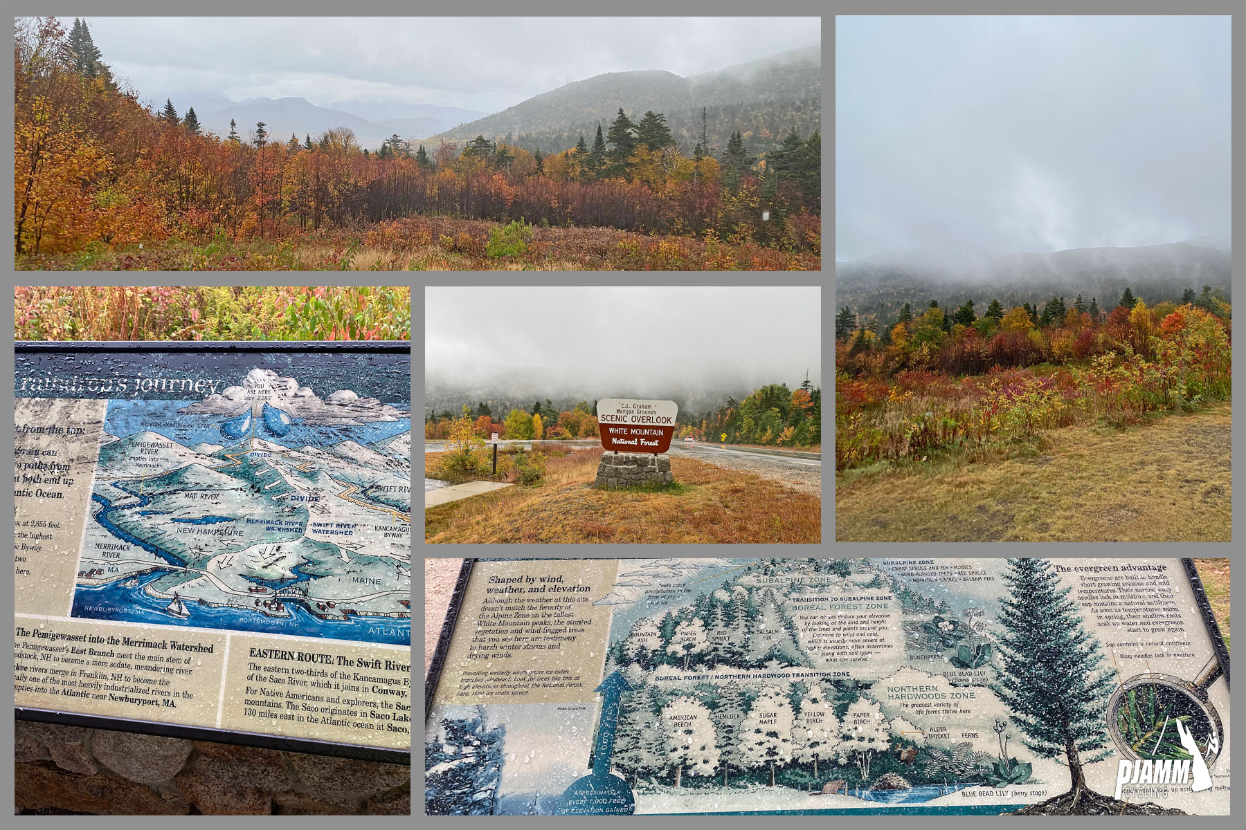 Cycling Kancamagus East (Conway), New Hampshire - photo collage, C.L. Graham Scenic Overlook, informational signs, fall foliage, PJAMM Cycling logo
