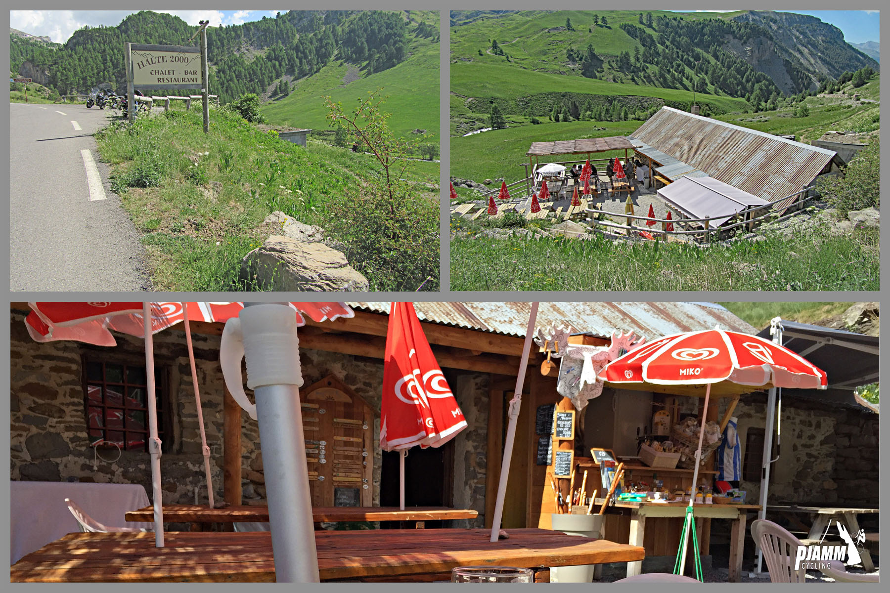 Cycling Cime Bonette from Jausiers, France - cafe tucked along green pastures in hillside, French Alps