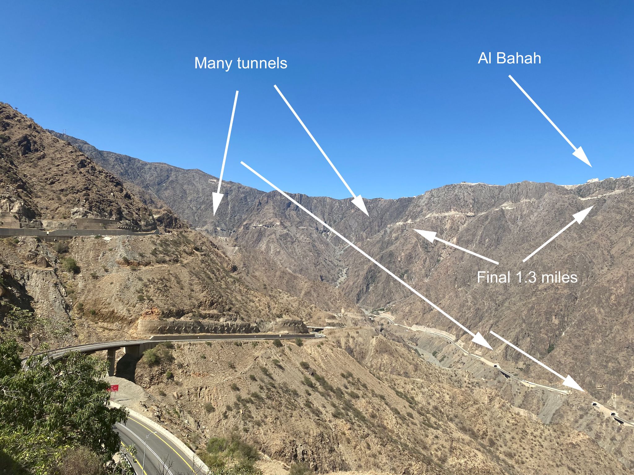 Cycling Al Bahah Pass, Saudi Arabia - last few miles of the climb, many tunnels pointed out