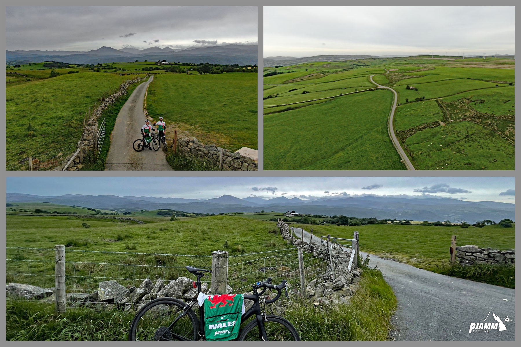 PJAMM Cyclists stand with bikes at climb finish, aerial drone view