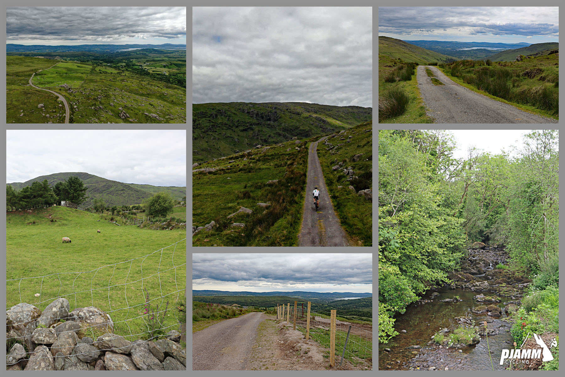 photo collage shows gravel roadway, green pastures, stream