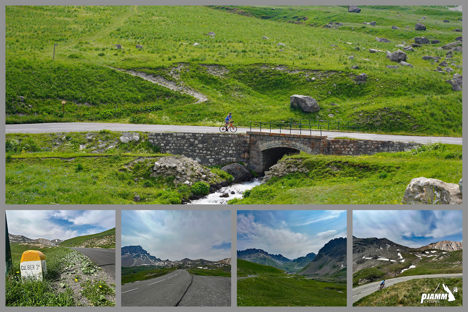Cycling Col du Galibier & Telegraphe: photo collage shows green hillsides, cobble bridge over small stream, and patches of snow along the final third of the climb
