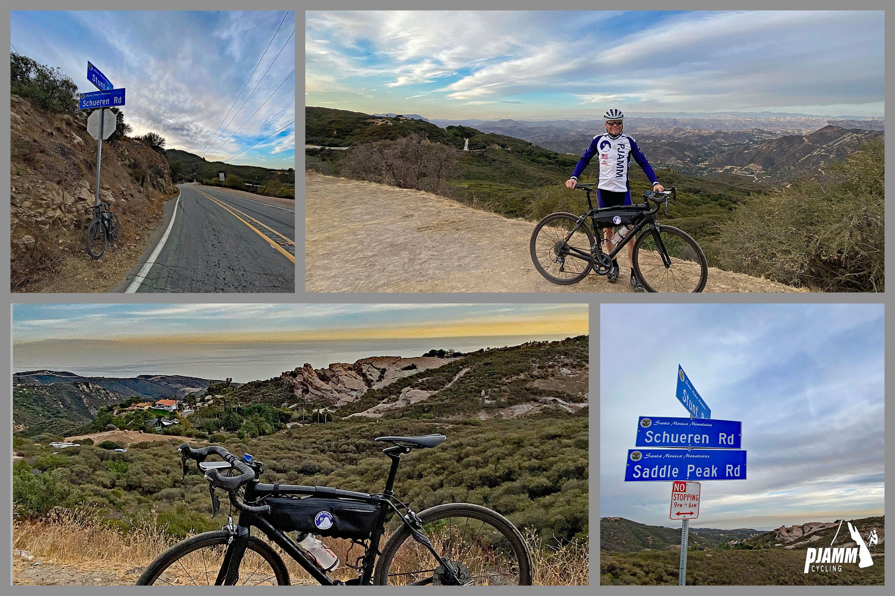 Cycling Topanga Canyon Boulevard to Stunt Road - PJAMM Cyclist John Johnson stands with bike at climb summit, intersection of Schuren Road, /Saddle Peak Road, and Stunt Road