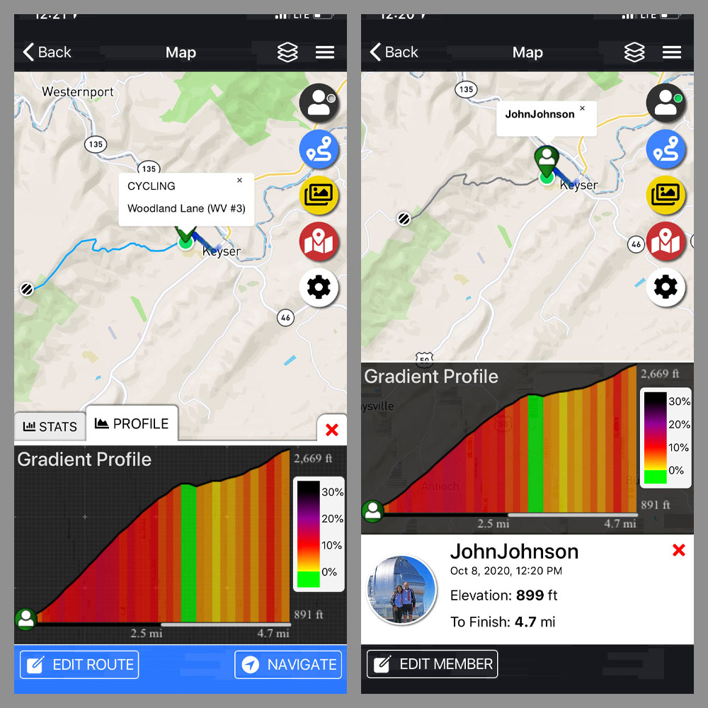 Cycling Woodland Lane, West Virginia - PJAMM Adventure App shows climb grade and profile