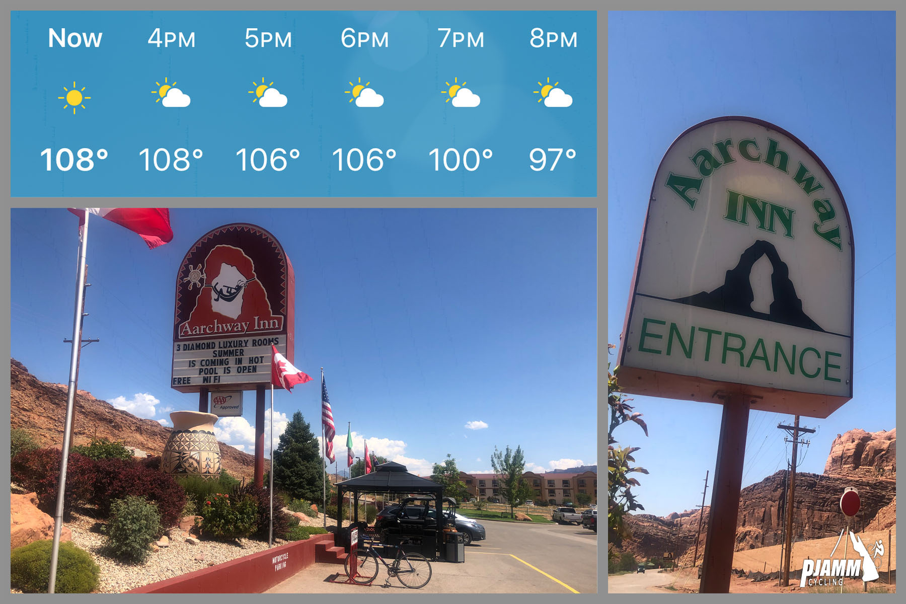 Cycling Moab, Utah - photo collage, PJAMM Cycling logo in corner, weather report showing temps of 108, 106, 100, signs for the Archway Inn