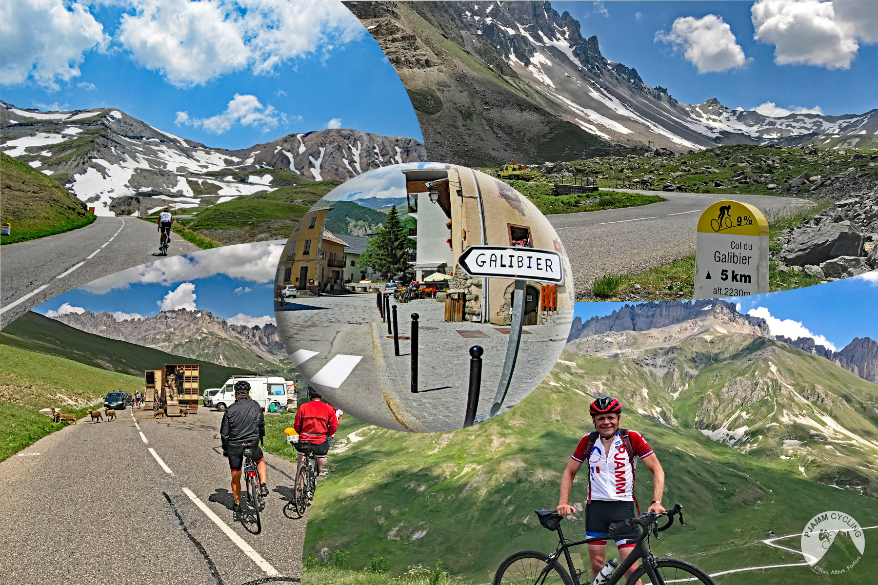 Cycling Col du Galibier & Telegraphe: photo collage, cyclists climb on two-lane roadway toward snow dotted mountain tops, PJAMM Cyclist stands with bike in front of green mountain views, road sign for Galibier