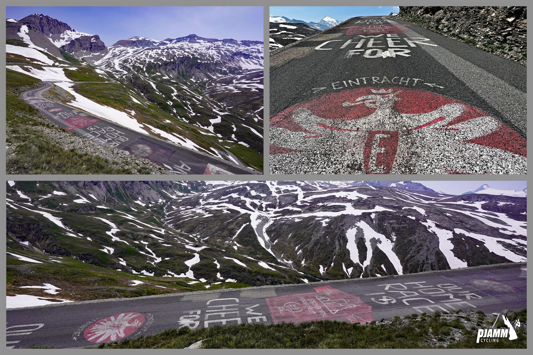 Col de L'Iseran from Bonneval-sur-Arc: roadway decorated with writing and painting at the last 50 meters of the climb